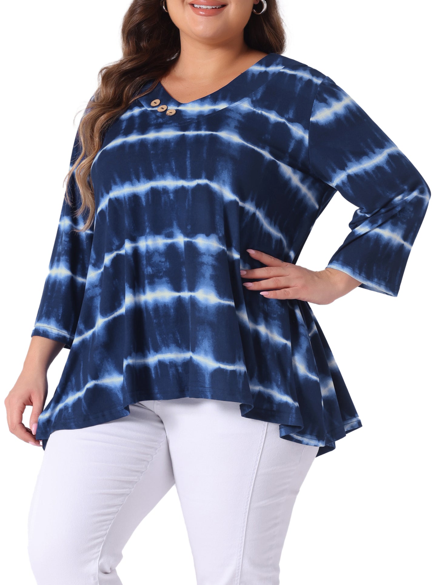 Women Plus Size Tops V Neck Elbow 3/4 Sleeve Loose Fit Casual Tee Tie Dye T-Shirts