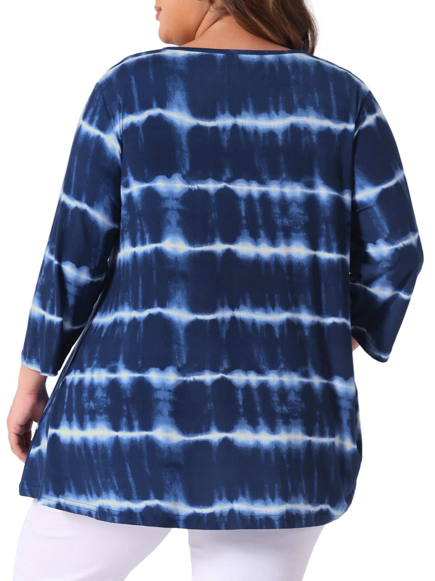 Women Plus Size Tops V Neck Elbow 3/4 Sleeve Loose Fit Casual Tee Tie Dye T-Shirts
