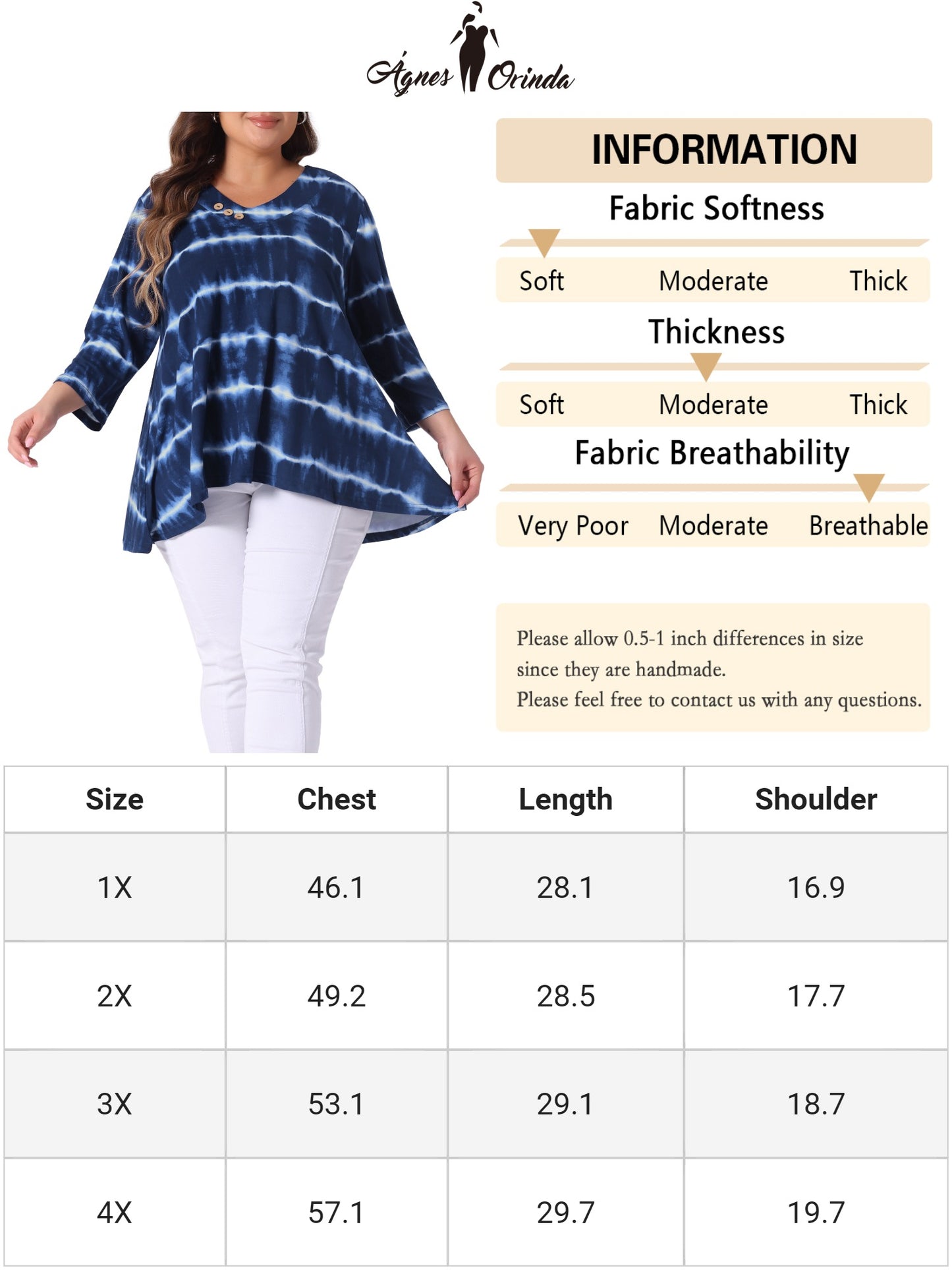 Women Plus Size Tops V Neck Elbow 3/4 Sleeve Loose Fit Casual Tee Tie Dye T-Shirts