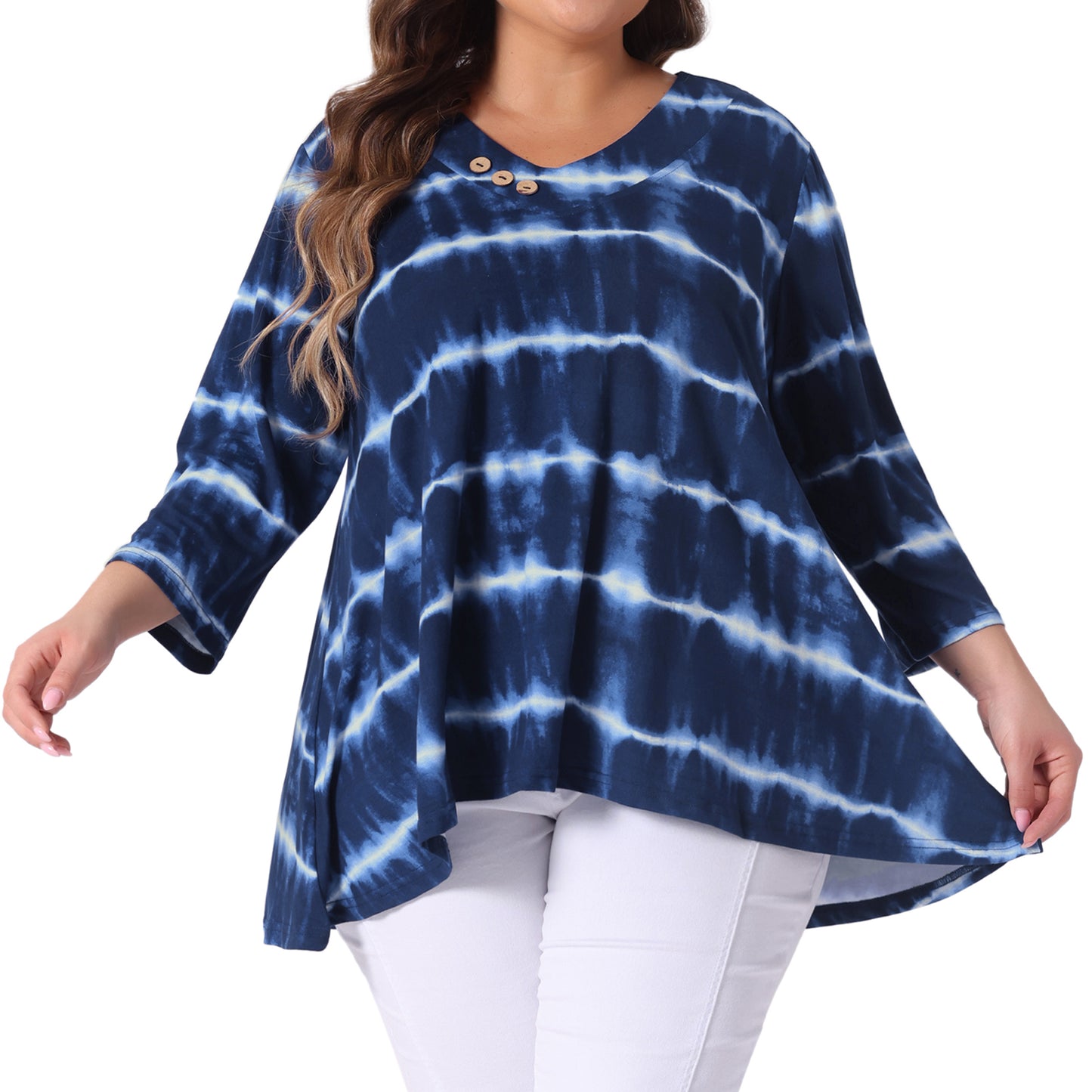 Women Plus Size Tops V Neck Elbow 3/4 Sleeve Loose Fit Casual Tee Tie Dye T-Shirts