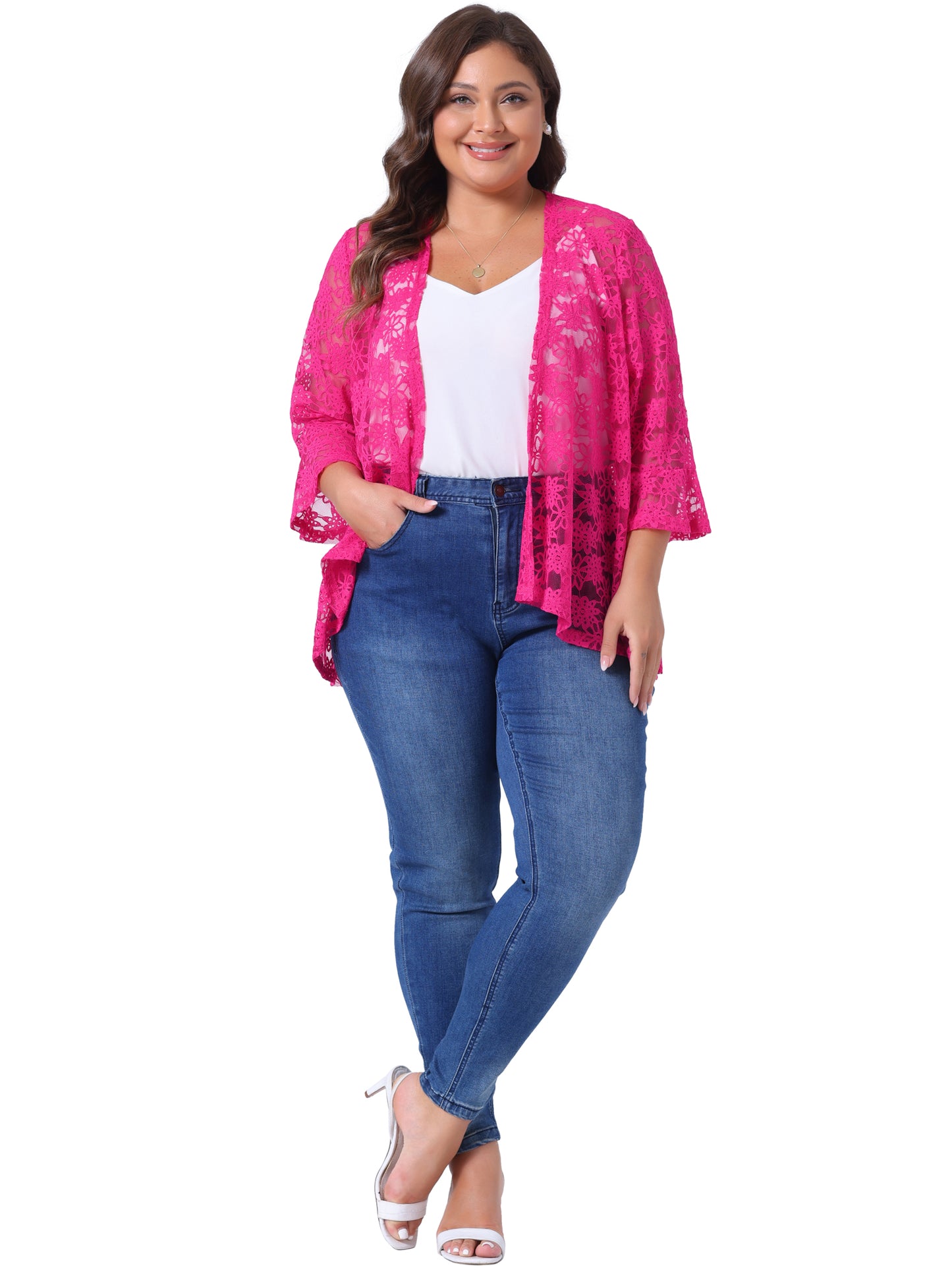 Women Plus Size Cardigans Open Front 3/4 Bell Sleeve Sheer Lightweight Lace Cover Up