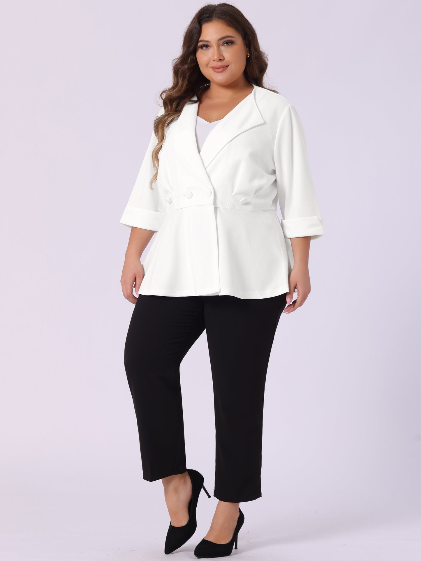 Women's Plus Size Casual Work Office Blazers Notched Lapel Button Peplum Blazer