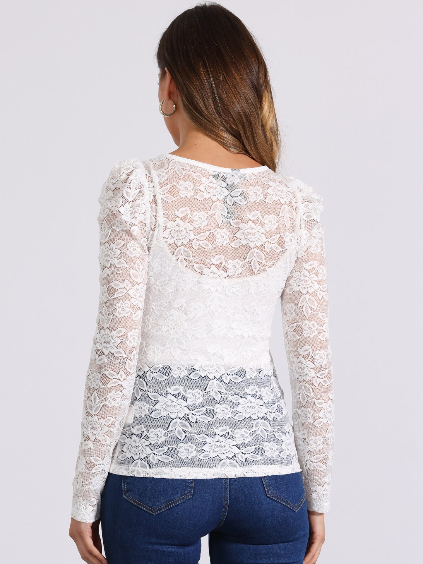 Women's Lace Embroidery Semi Sheer Vintage Puff Sleeve Top