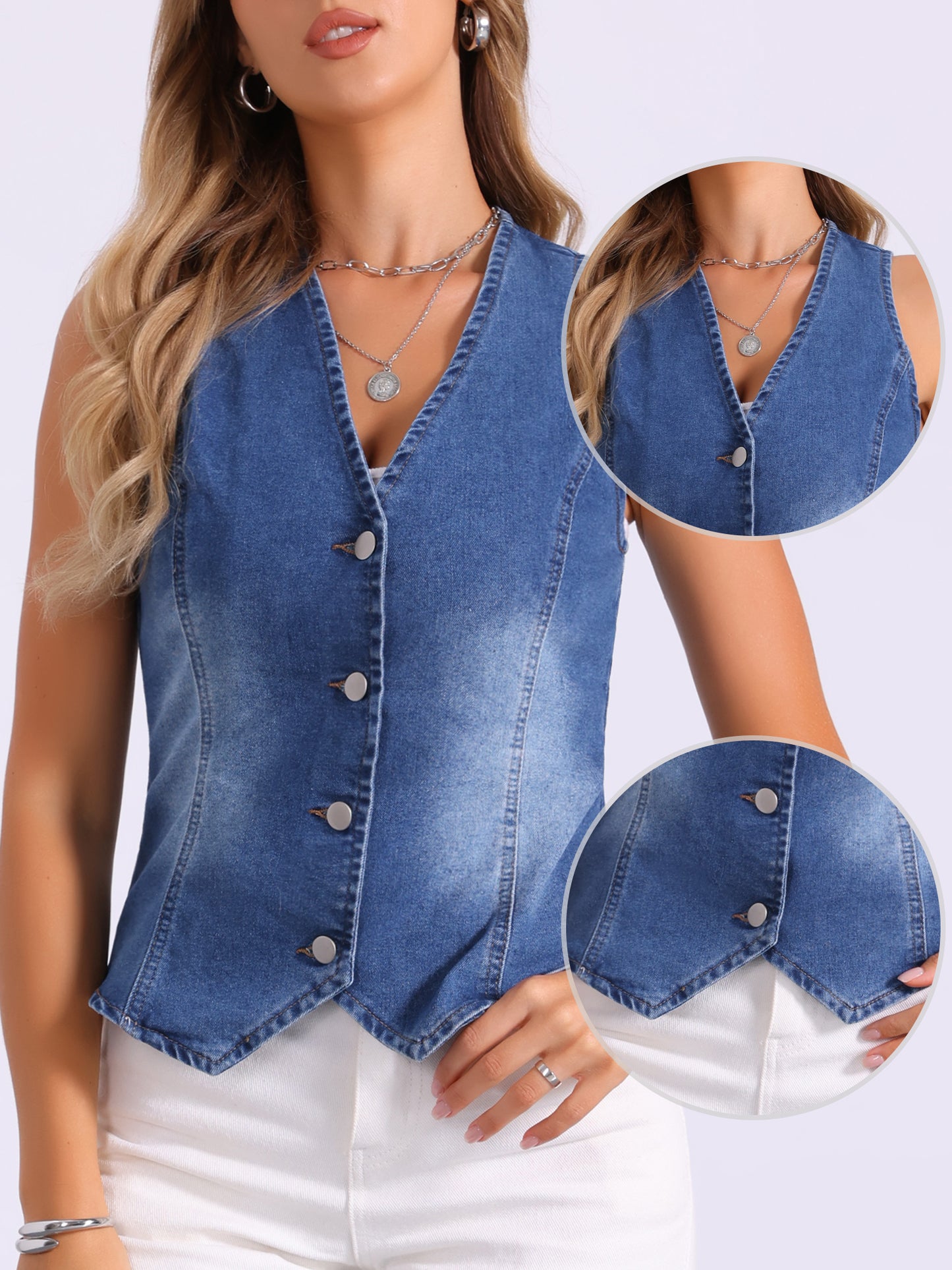 Women's Button Down Jean Waistcoat V Neck Denim Vest