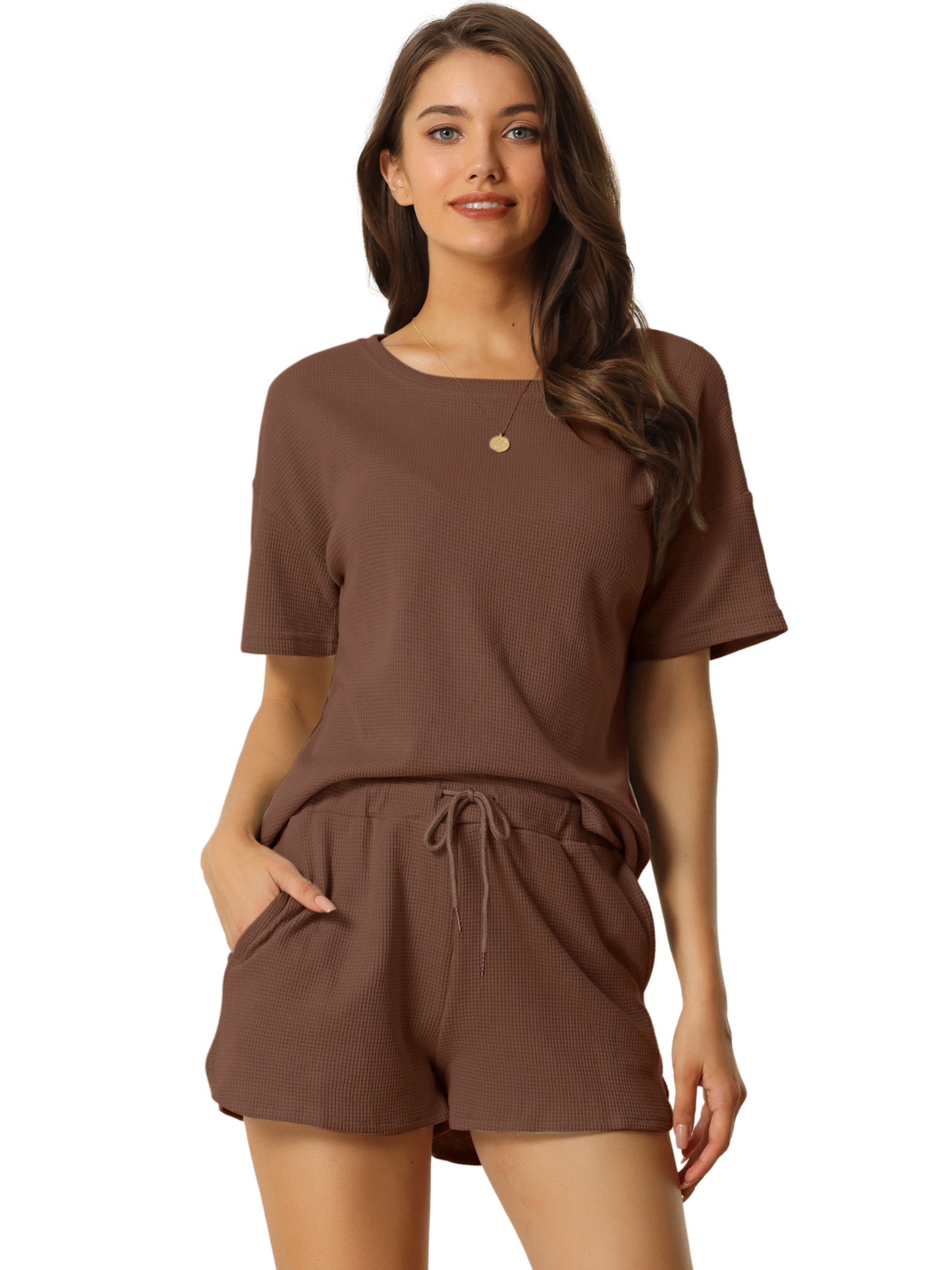 Women's Lounge Set with Pockets Waffle Outfits T-shirt and Shorts Loungewear Sweatsuit