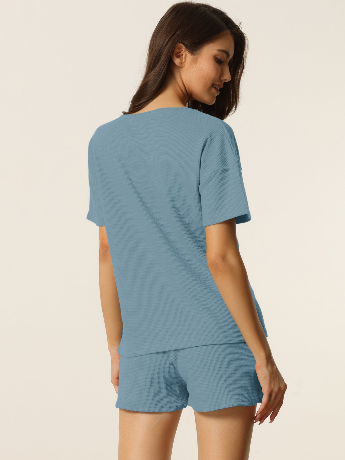 Women's Lounge Set with Pockets Waffle Outfits T-shirt and Shorts Loungewear Sweatsuit