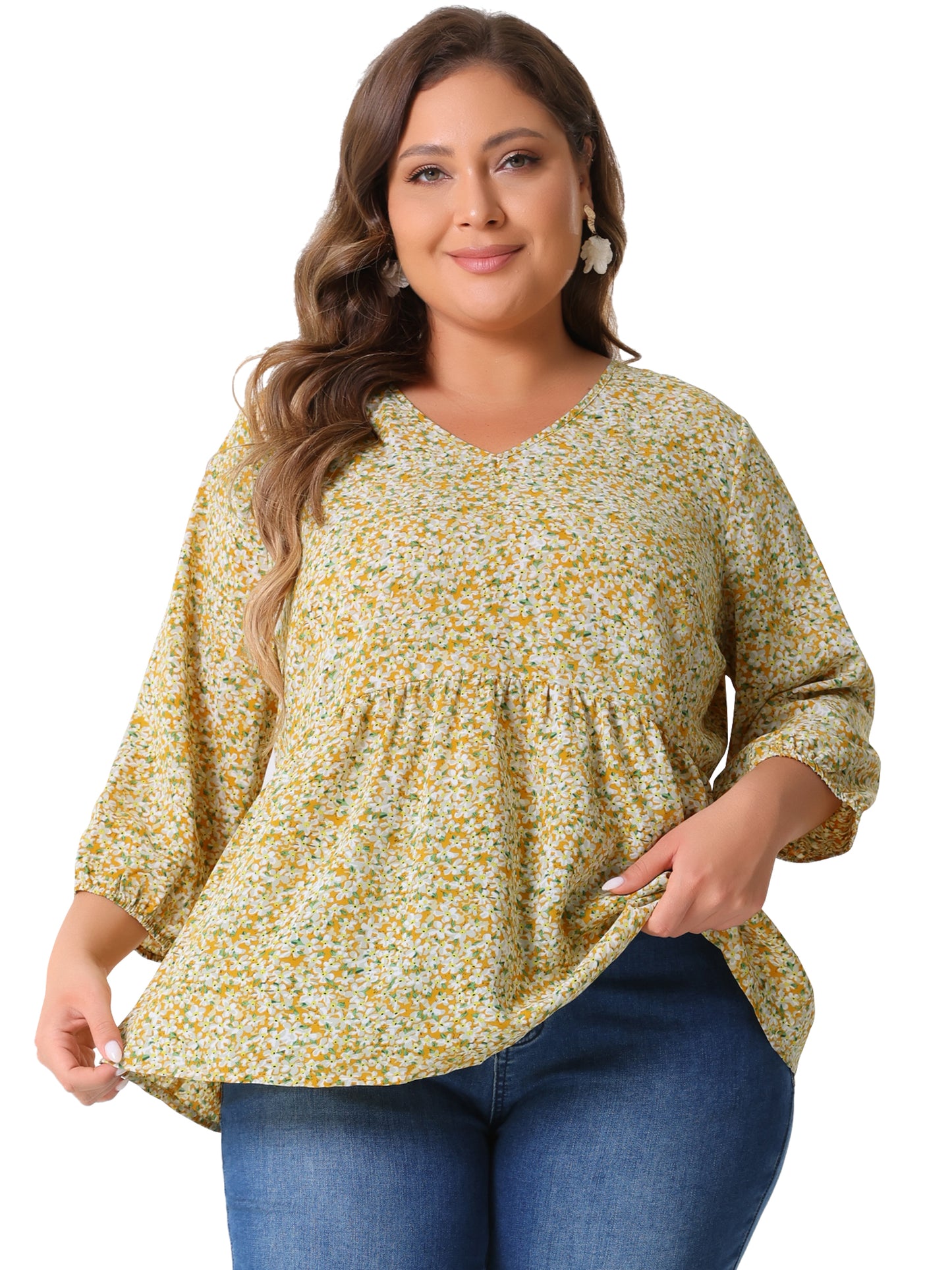 Women's Plus Size Top V Neck Babydoll Flowy 3/4 Lantern Sleeve Floral Blouse