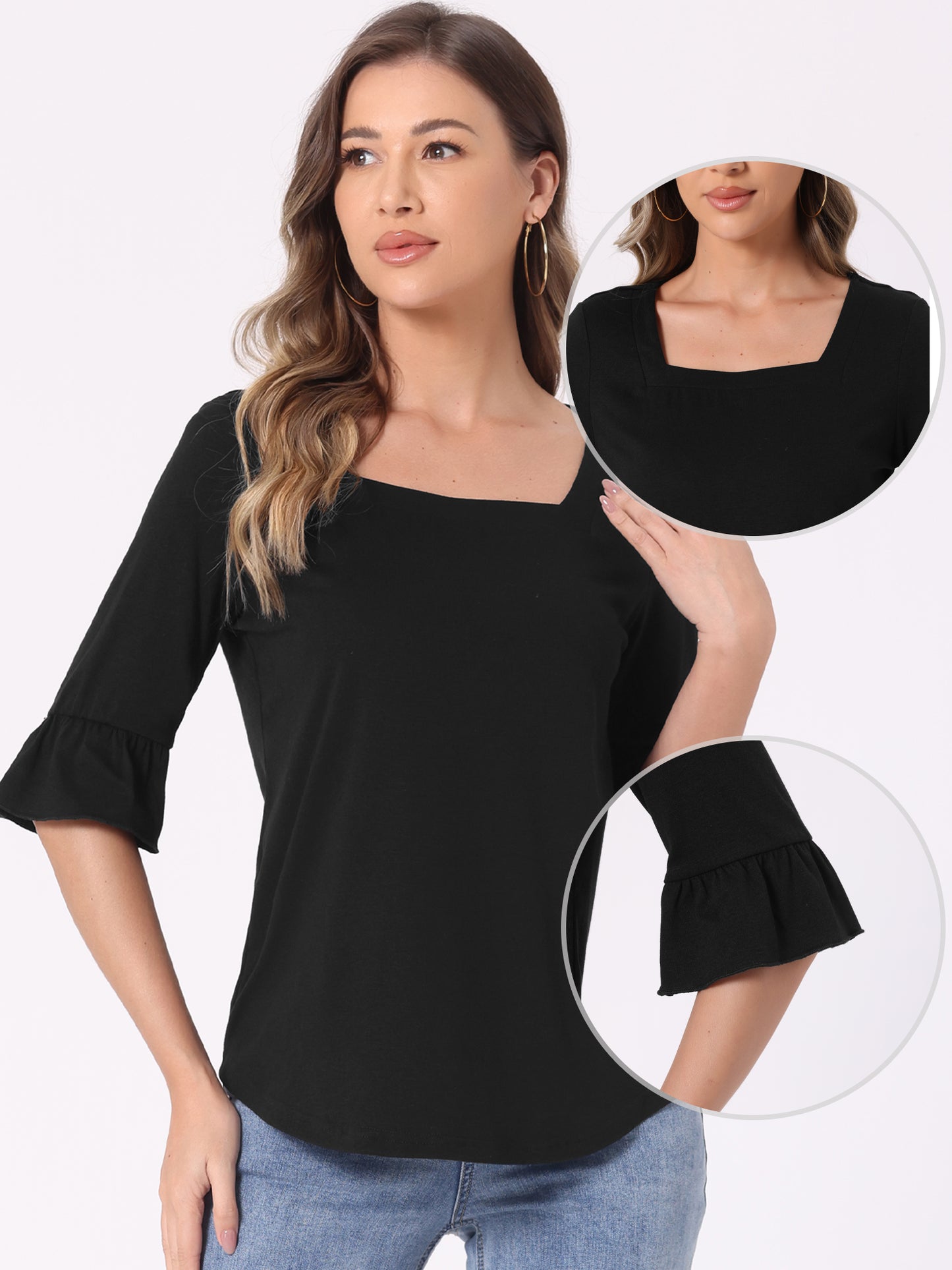 Women's Summer Dressy Casual Square Neck Blouse 3/4 Bell Sleeve Top