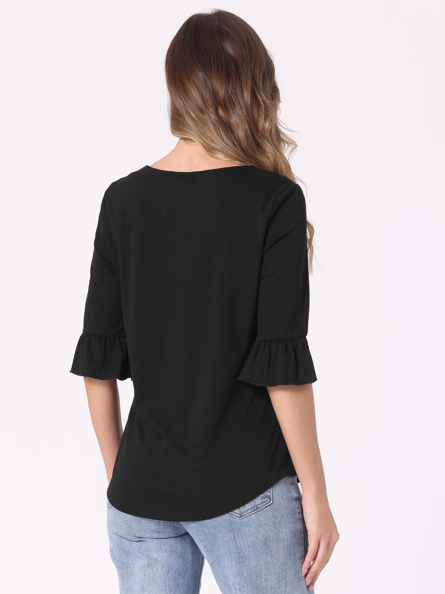Women's Summer Dressy Casual Square Neck Blouse 3/4 Bell Sleeve Top