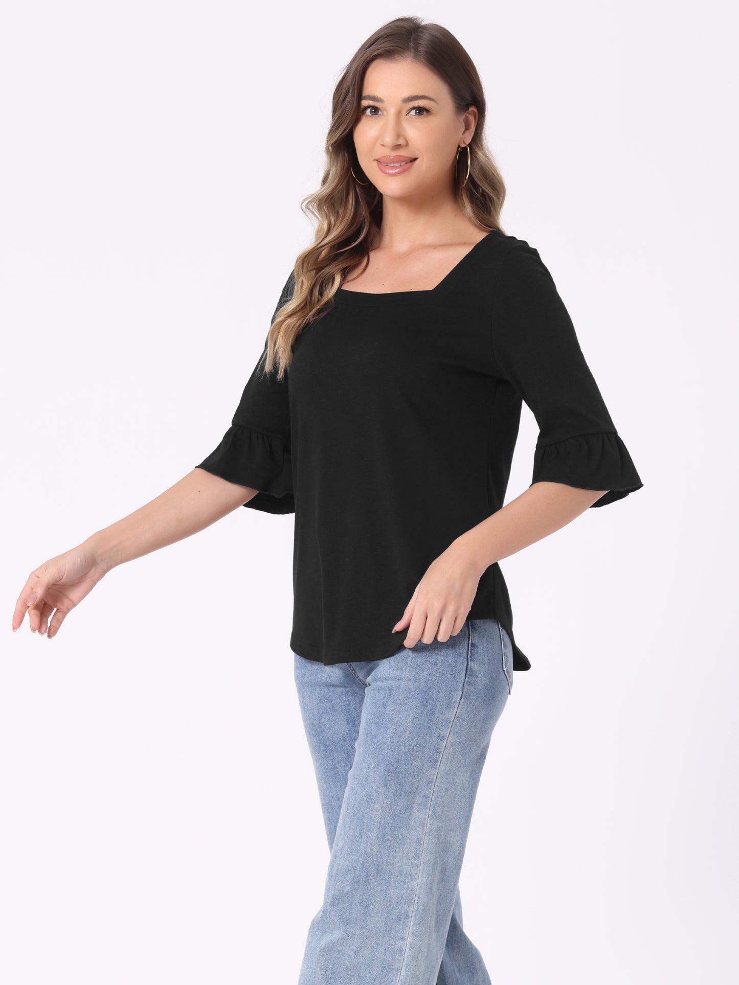 Women's Summer Dressy Casual Square Neck Blouse 3/4 Bell Sleeve Top