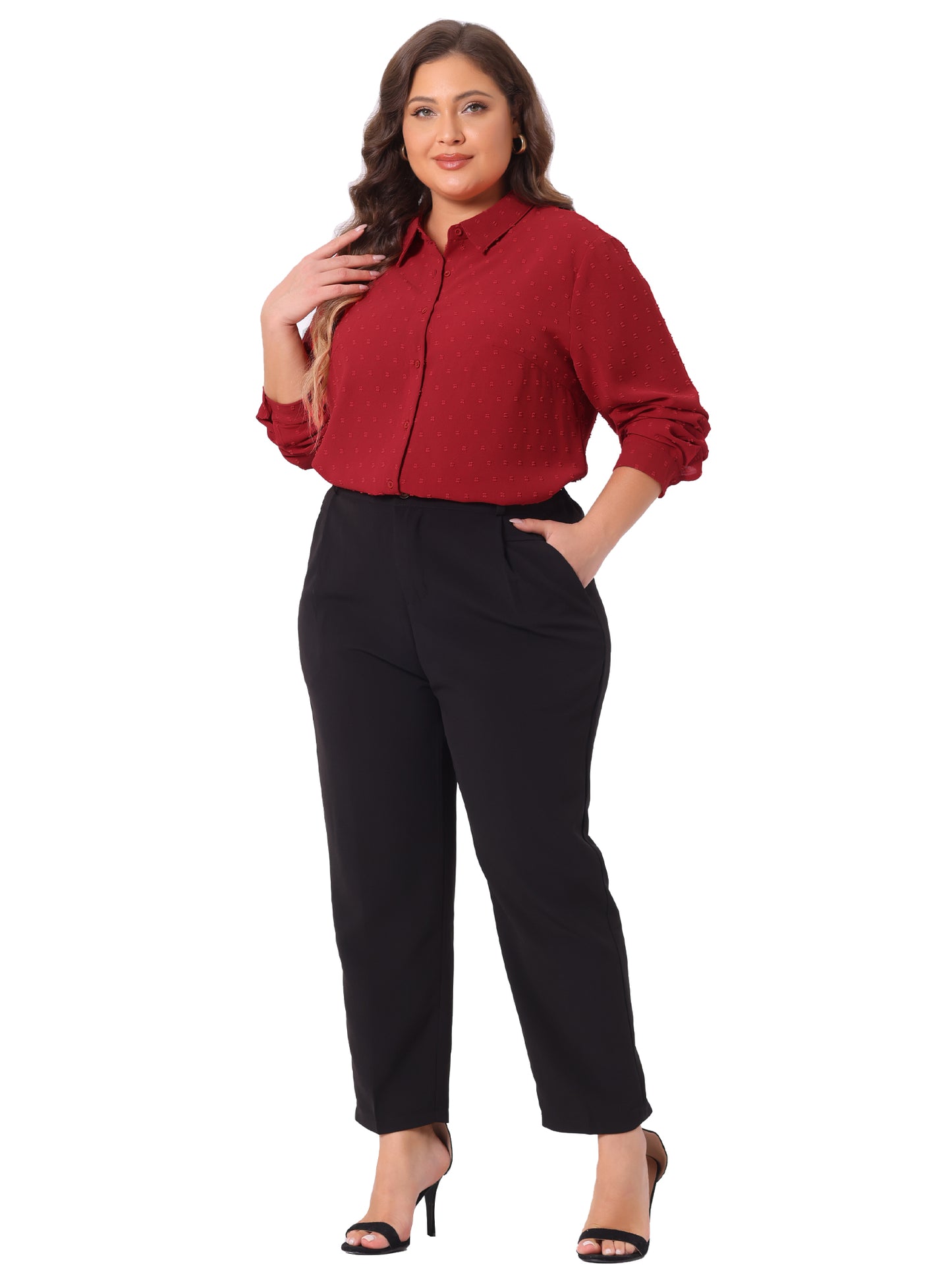Women Plus Size Long Sleeve Button Down Top Swiss Dots Shirt