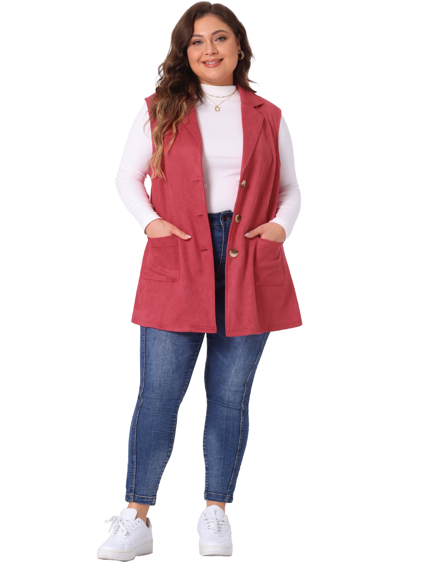 Women Plus Size Utility Vest Lapel Sleeveless Lightweight Suede Vests Jacket