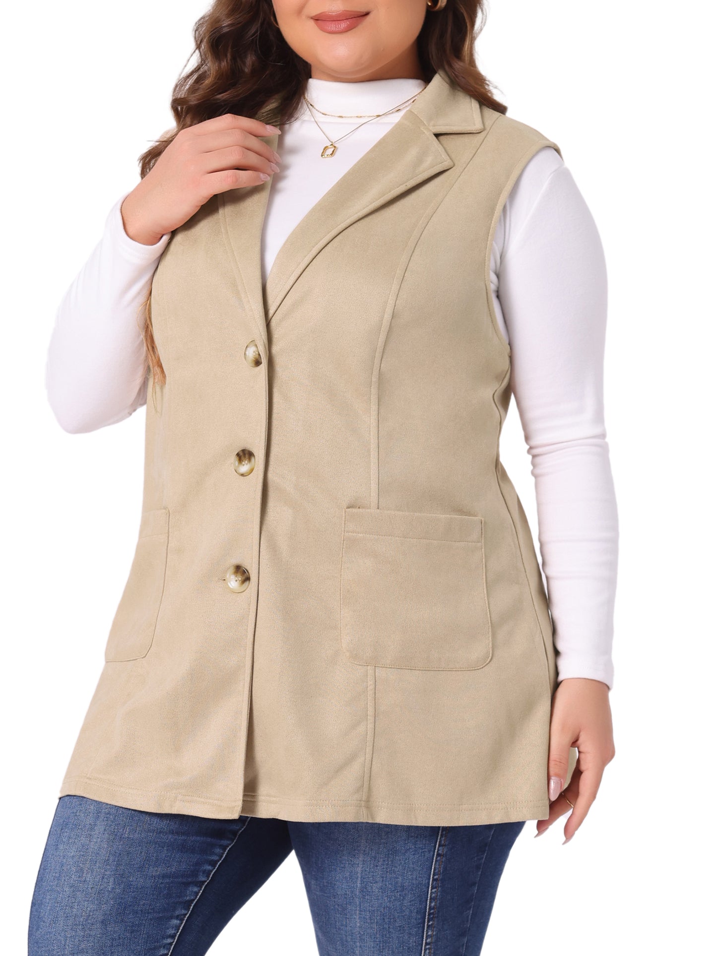 Women Plus Size Utility Vest Lapel Sleeveless Lightweight Suede Vests Jacket