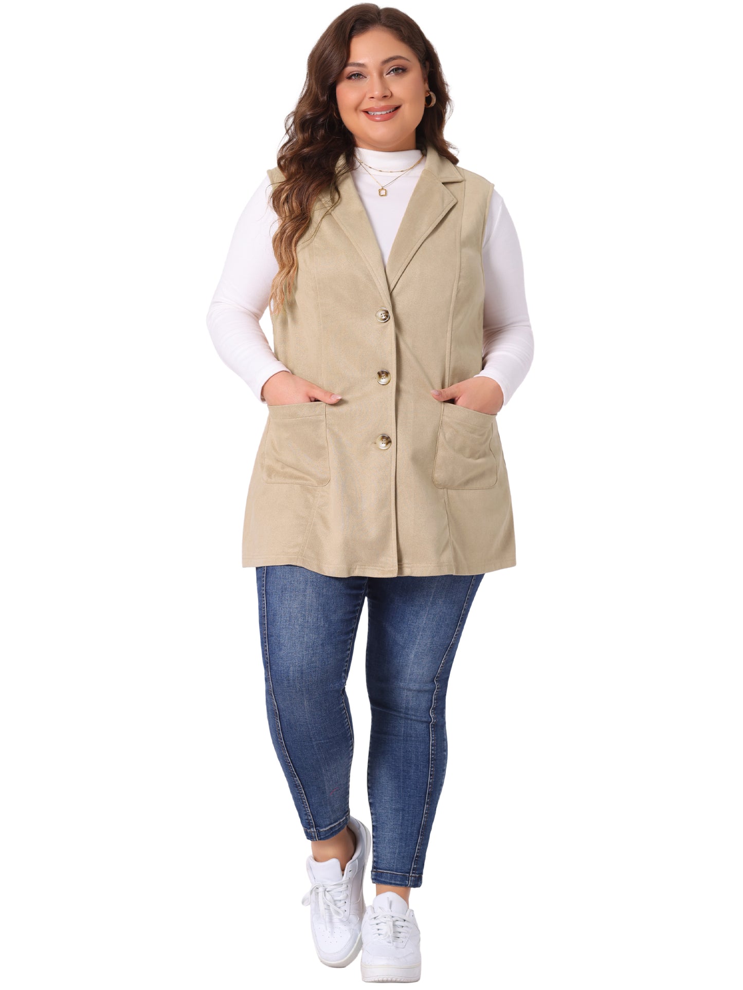 Women Plus Size Utility Vest Lapel Sleeveless Lightweight Suede Vests Jacket