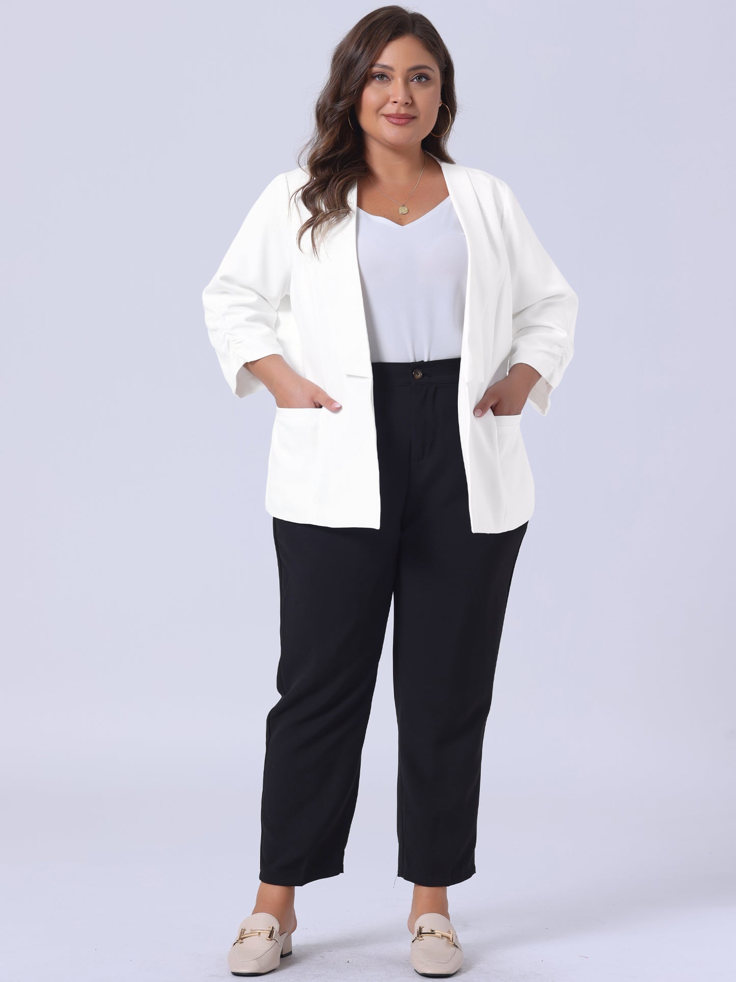 Women's Plus Size Shawl Collar Open Front 3/4 Ruched Sleeve Work Office Lightweight Blazer