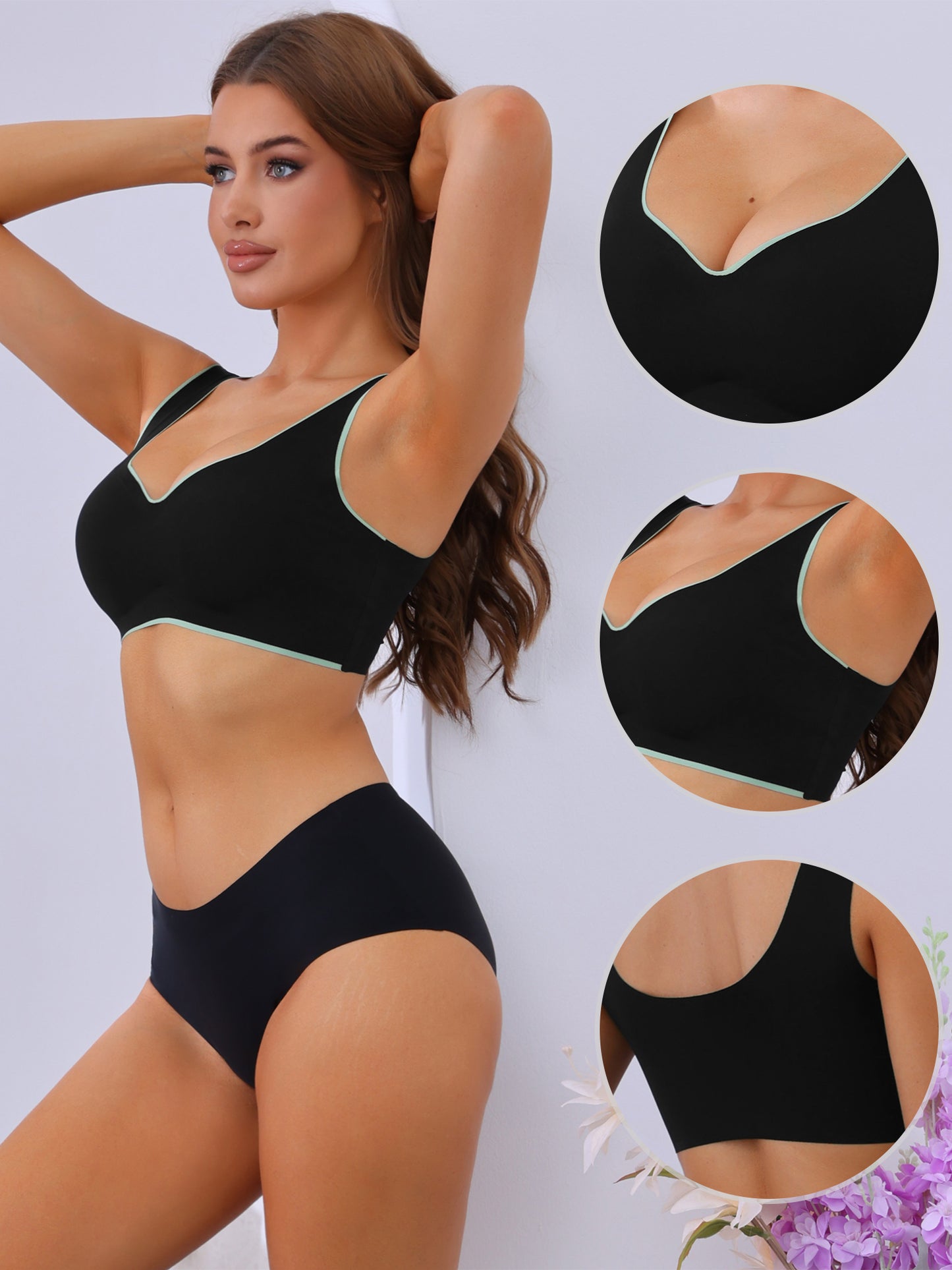 Women's V-Neck Contrast Trim Pullover Bras Wirefree Bras