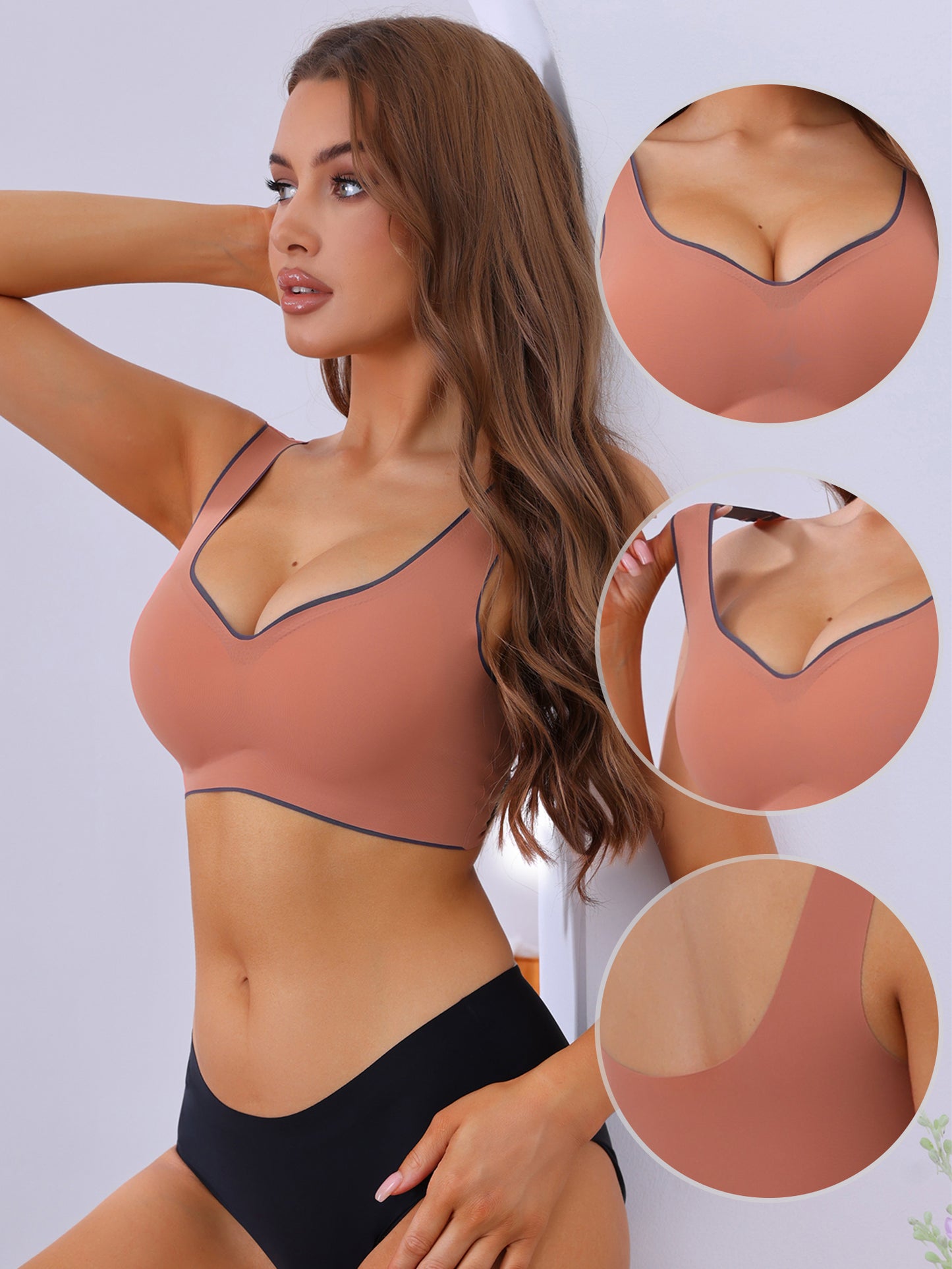 Women's V-Neck Contrast Trim Pullover Bras Wirefree Bras