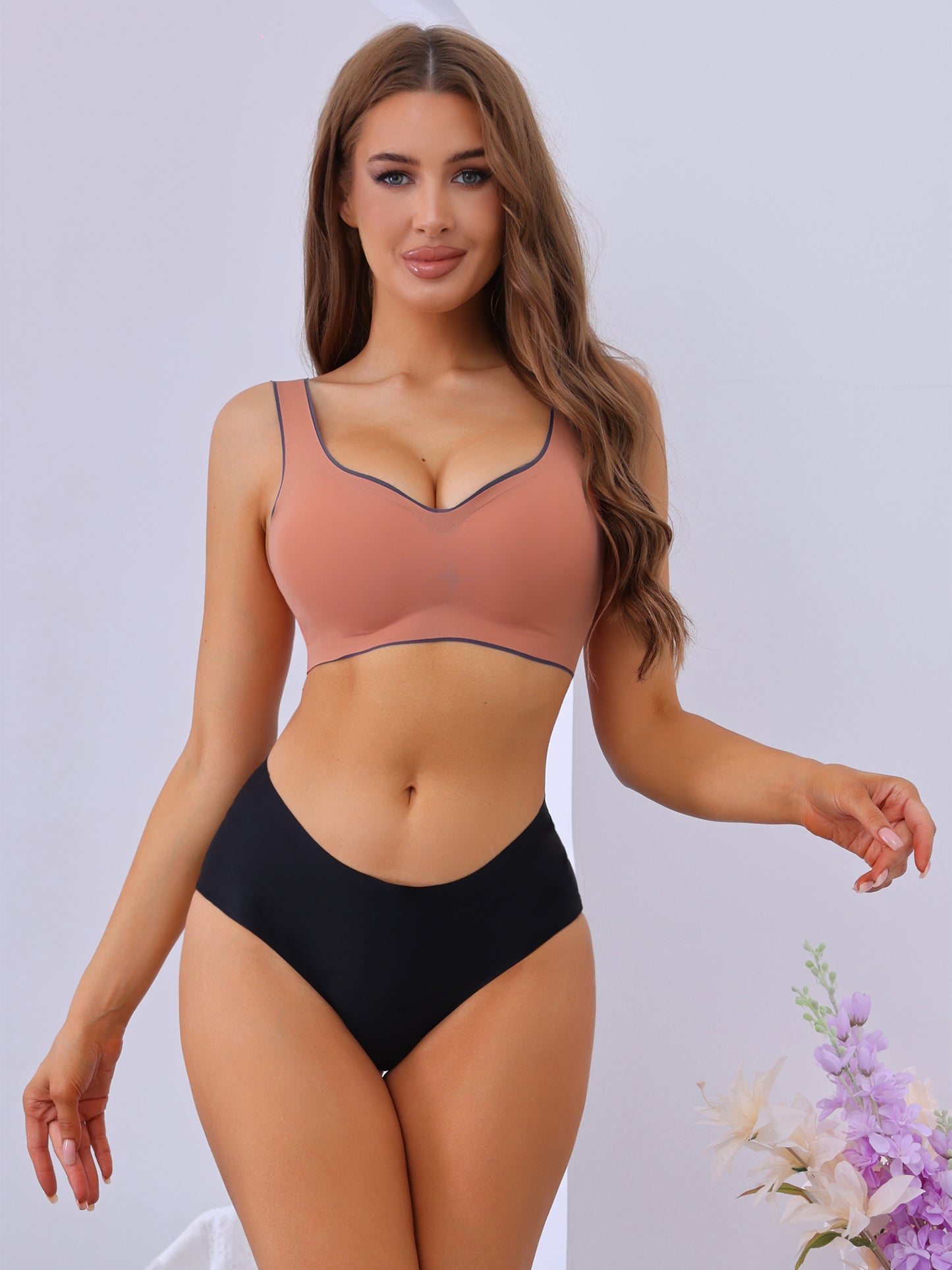 Women's V-Neck Contrast Trim Pullover Bras Wirefree Bras