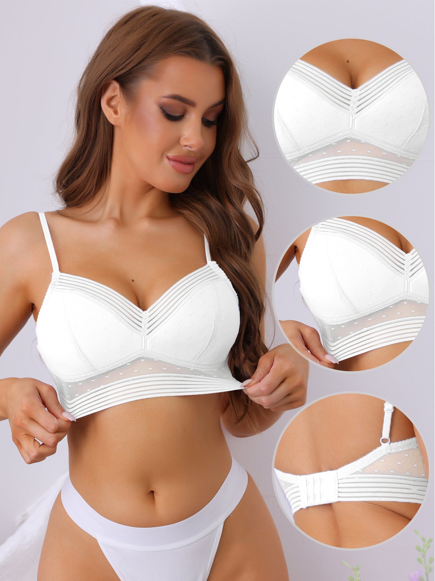 Women's Mesh Polka Dot Wireless Bra U-Shaped Back Adjustable Straps Minimizer