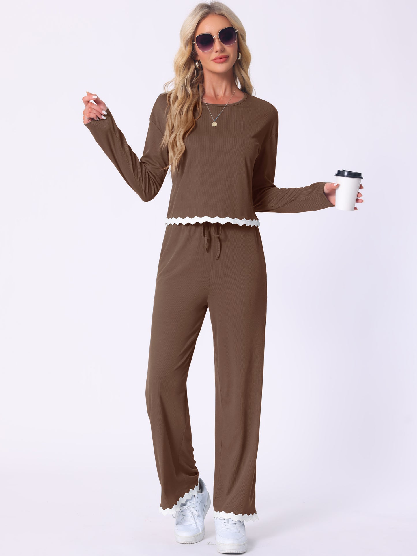 Conjunto de pijama para mujer, manga larga, cuello redondo, cordón ajustable, cintura elástica, conjuntos de estar con bolsillos