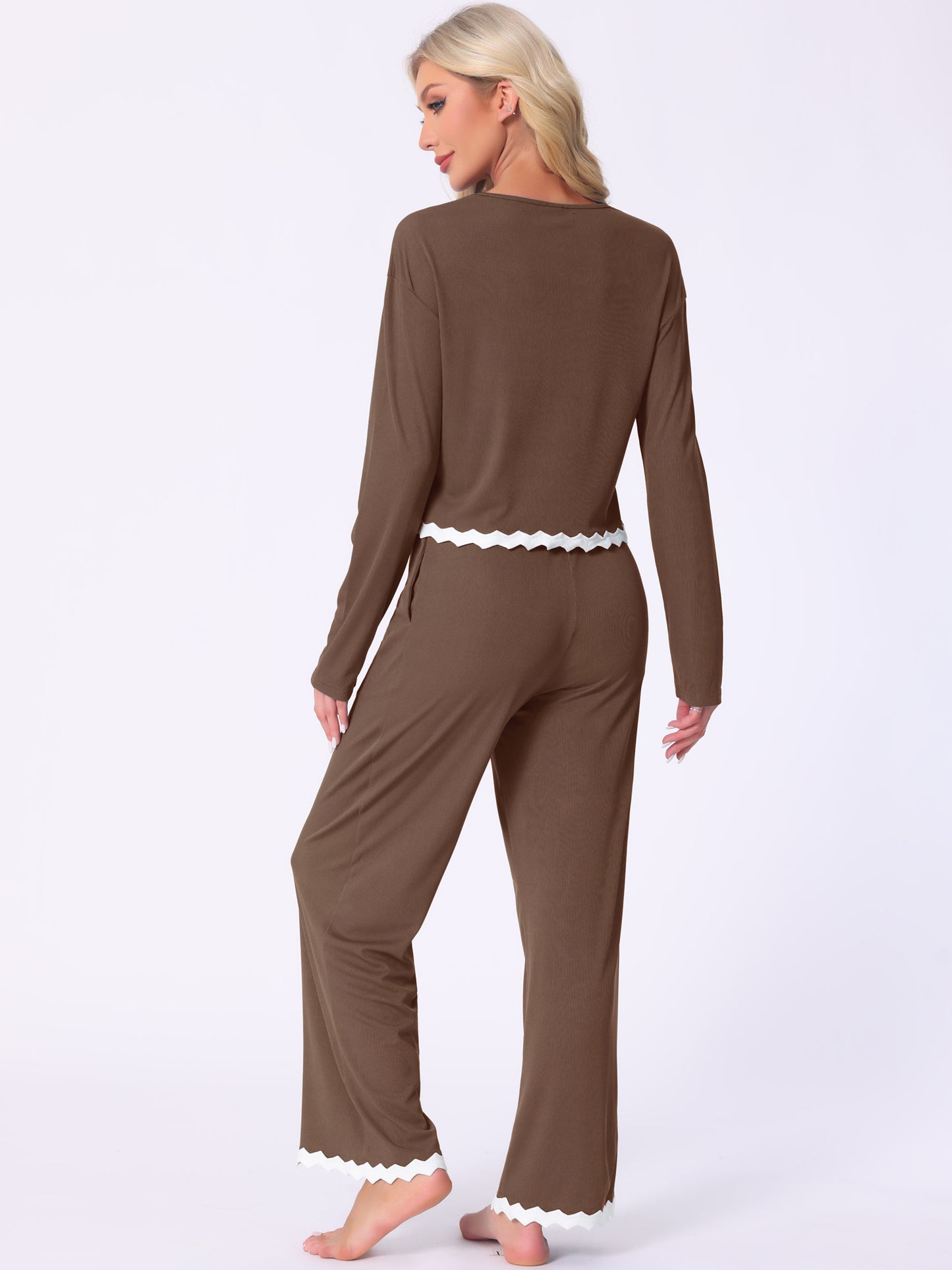 Conjunto de pijama para mujer, manga larga, cuello redondo, cordón ajustable, cintura elástica, conjuntos de estar con bolsillos
