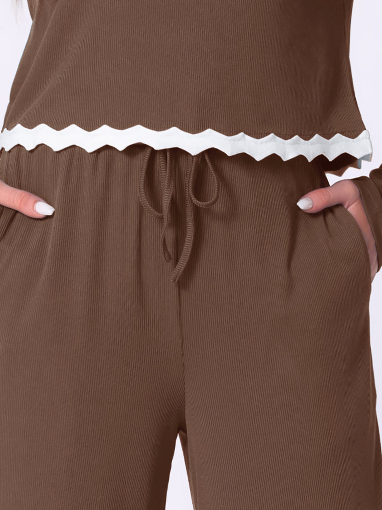 Conjunto de pijama para mujer, manga larga, cuello redondo, cordón ajustable, cintura elástica, conjuntos de estar con bolsillos