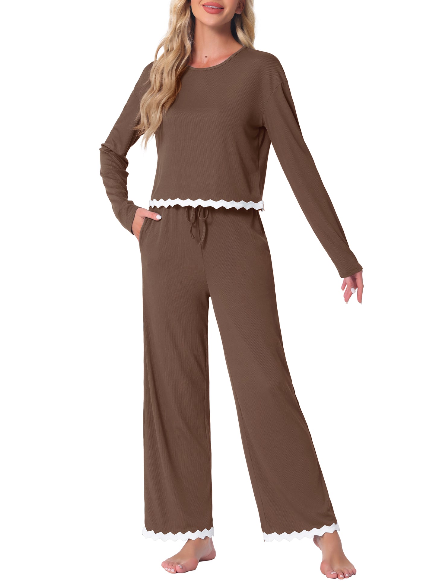 Conjunto de pijama para mujer, manga larga, cuello redondo, cordón ajustable, cintura elástica, conjuntos de estar con bolsillos