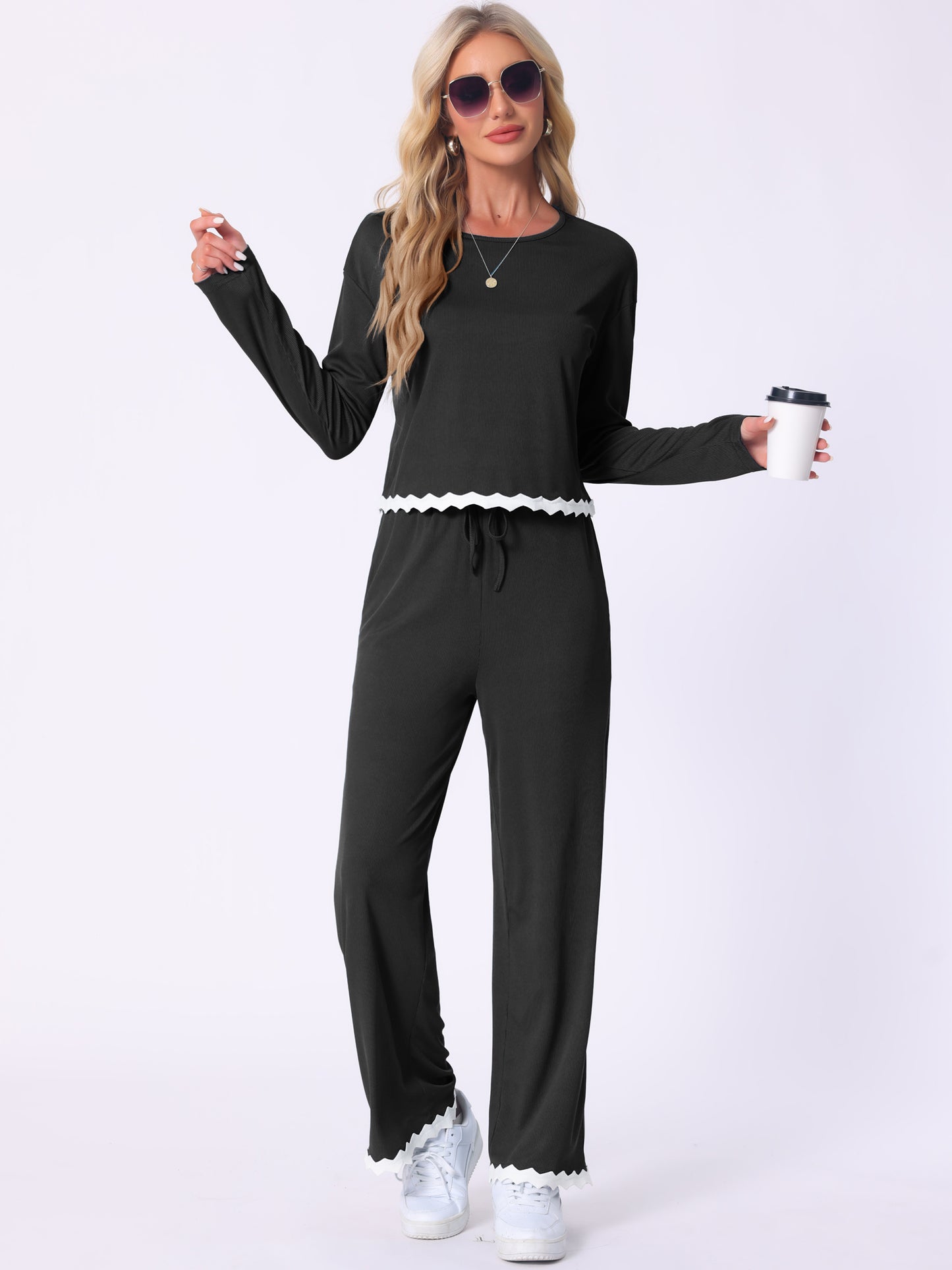 Conjunto de pijama para mujer, manga larga, cuello redondo, cordón ajustable, cintura elástica, conjuntos de estar con bolsillos