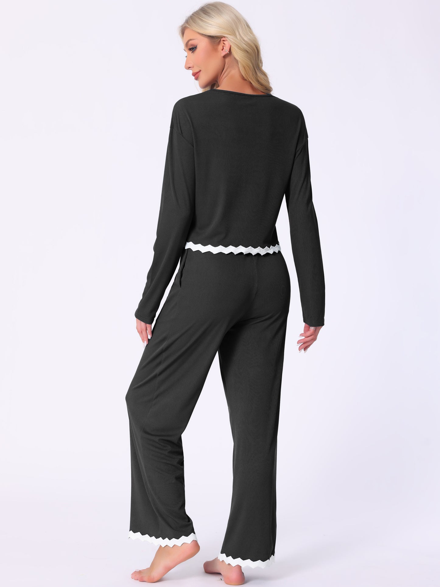Conjunto de pijama para mujer, manga larga, cuello redondo, cordón ajustable, cintura elástica, conjuntos de estar con bolsillos