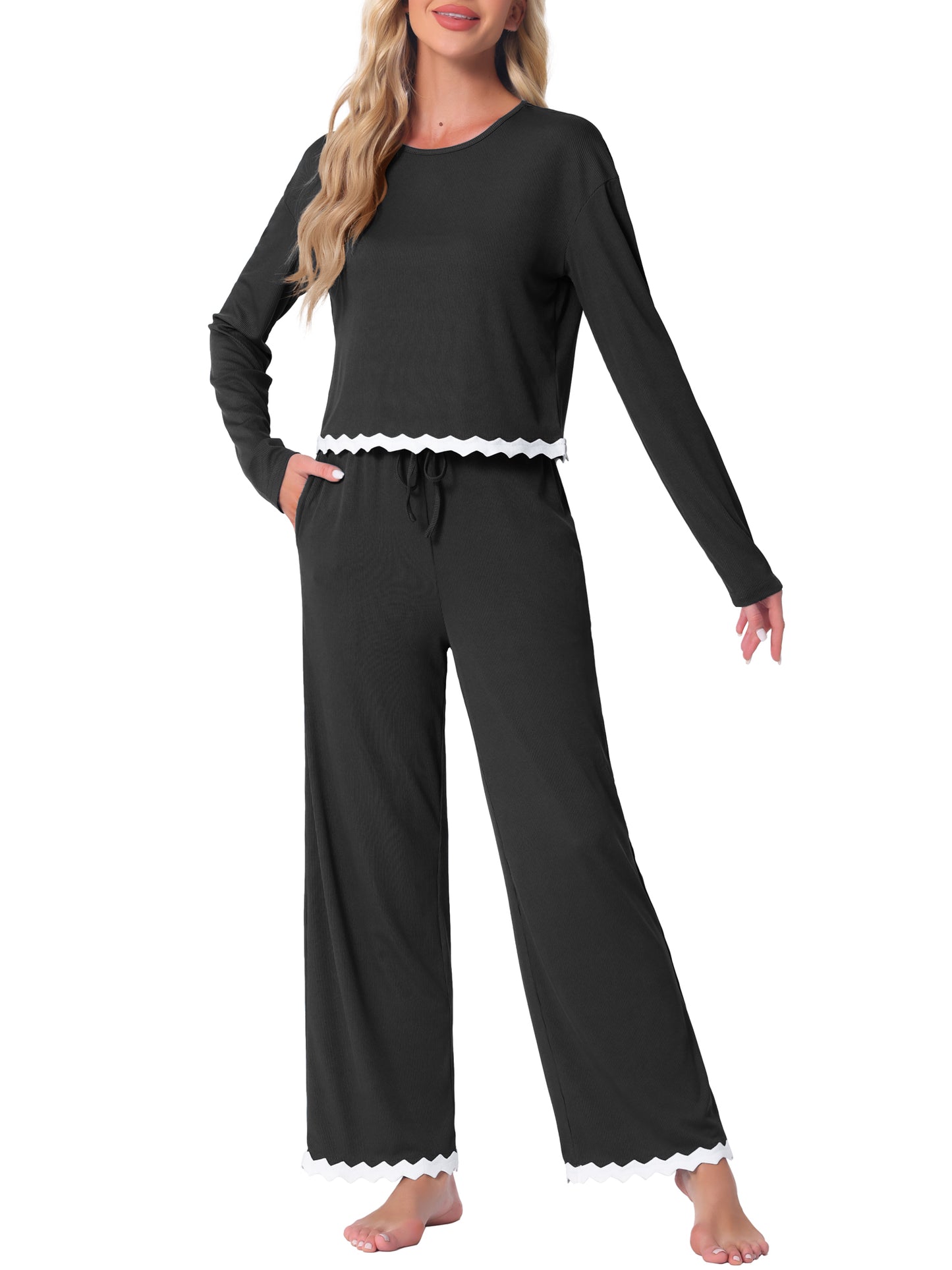 Conjunto de pijama para mujer, manga larga, cuello redondo, cordón ajustable, cintura elástica, conjuntos de estar con bolsillos