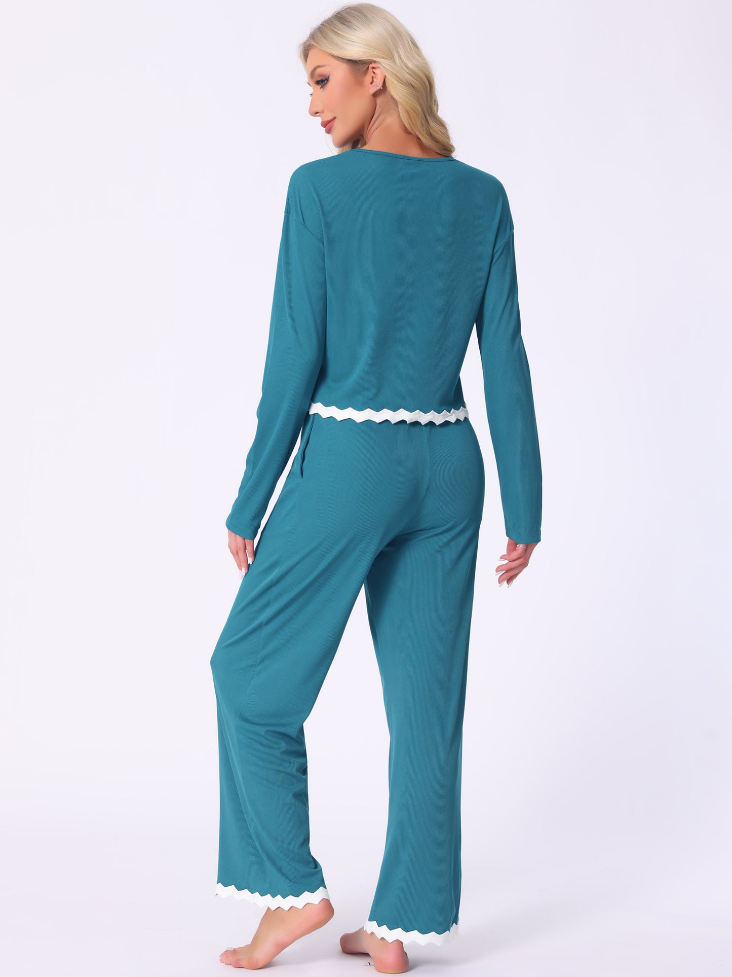Conjunto de pijama para mujer, manga larga, cuello redondo, cordón ajustable, cintura elástica, conjuntos de estar con bolsillos