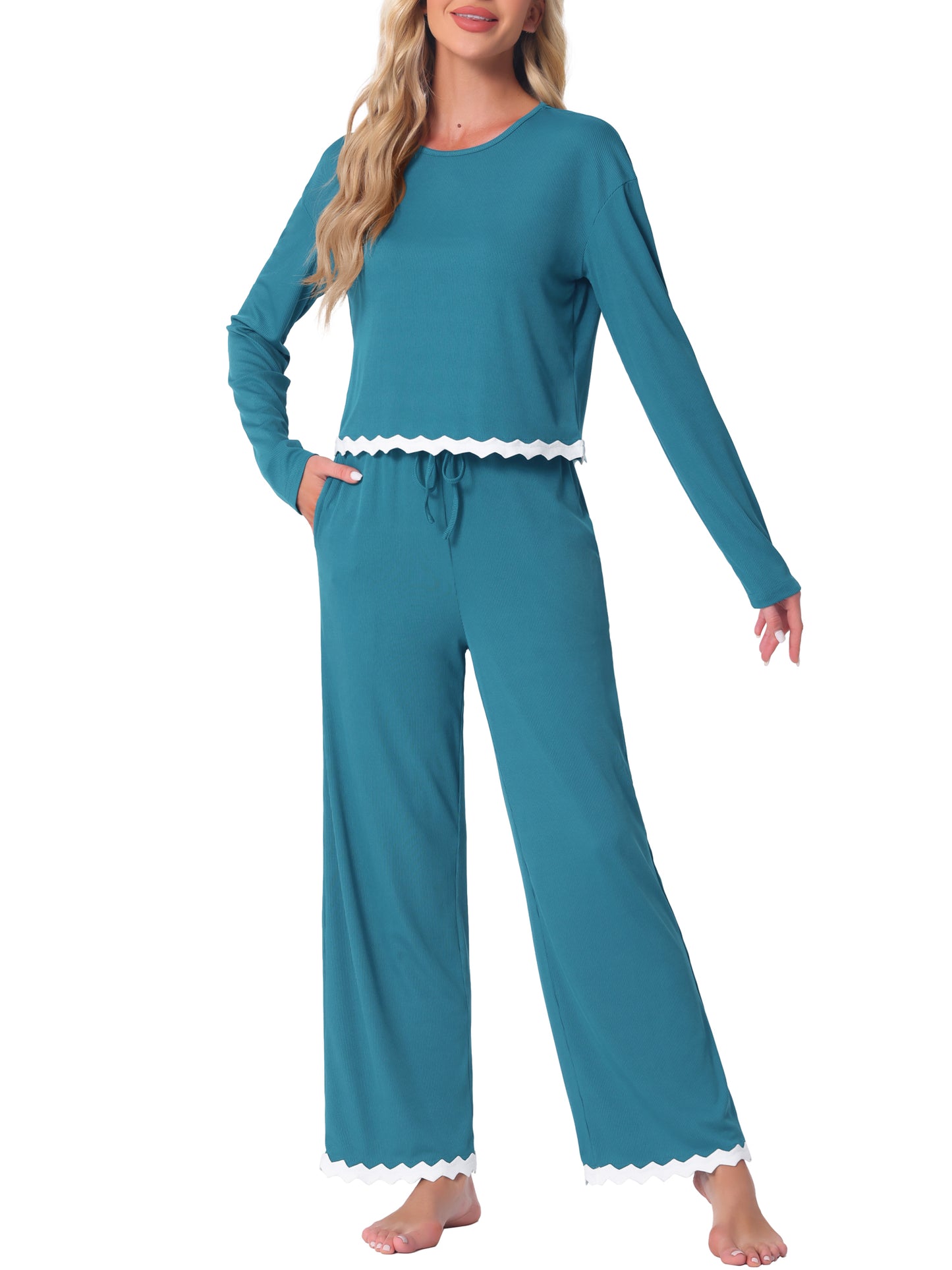 Conjunto de pijama para mujer, manga larga, cuello redondo, cordón ajustable, cintura elástica, conjuntos de estar con bolsillos