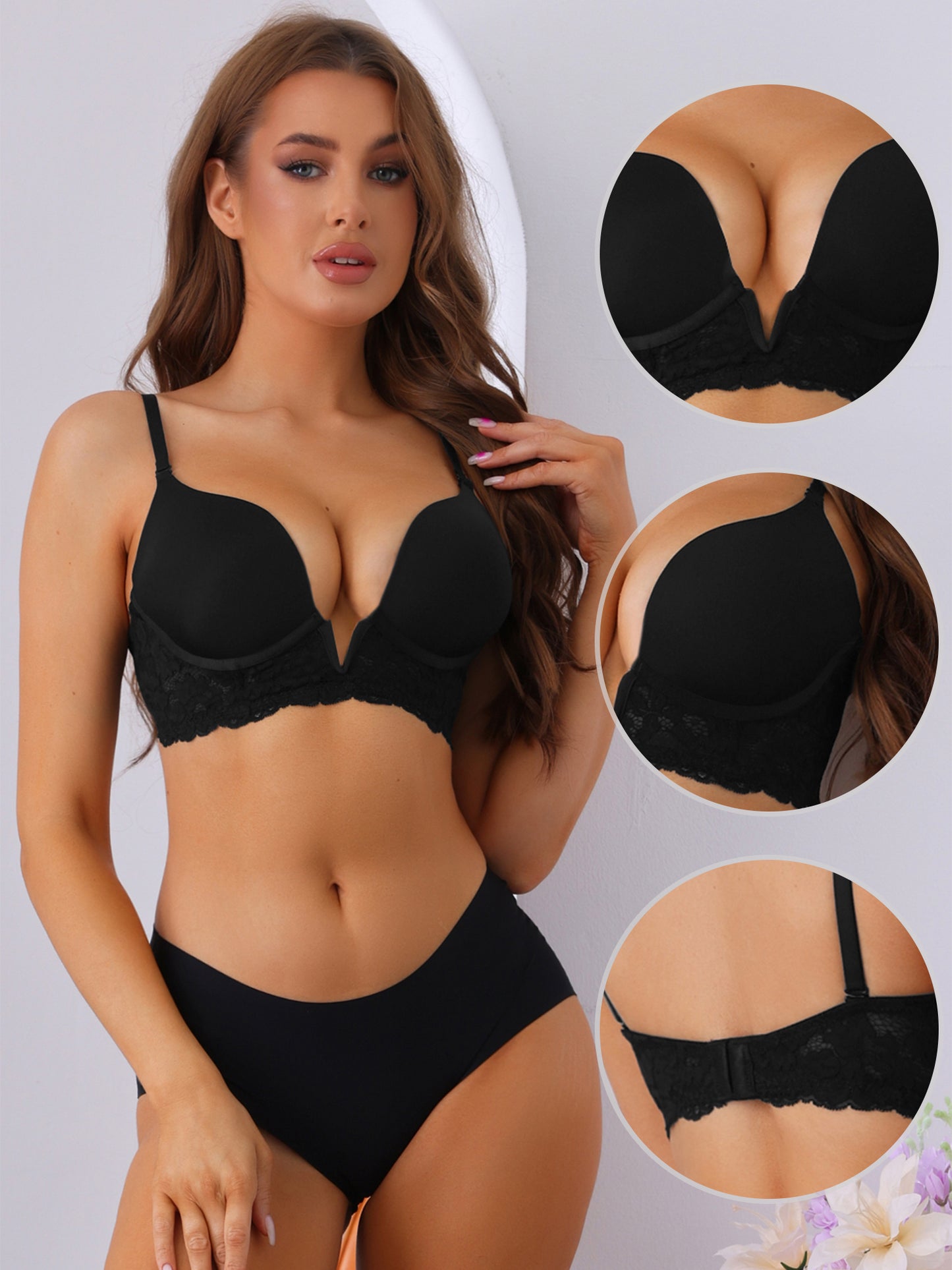 Sujetador push-up con aros y tirantes ajustables con escote en V profundo de encaje para mujer