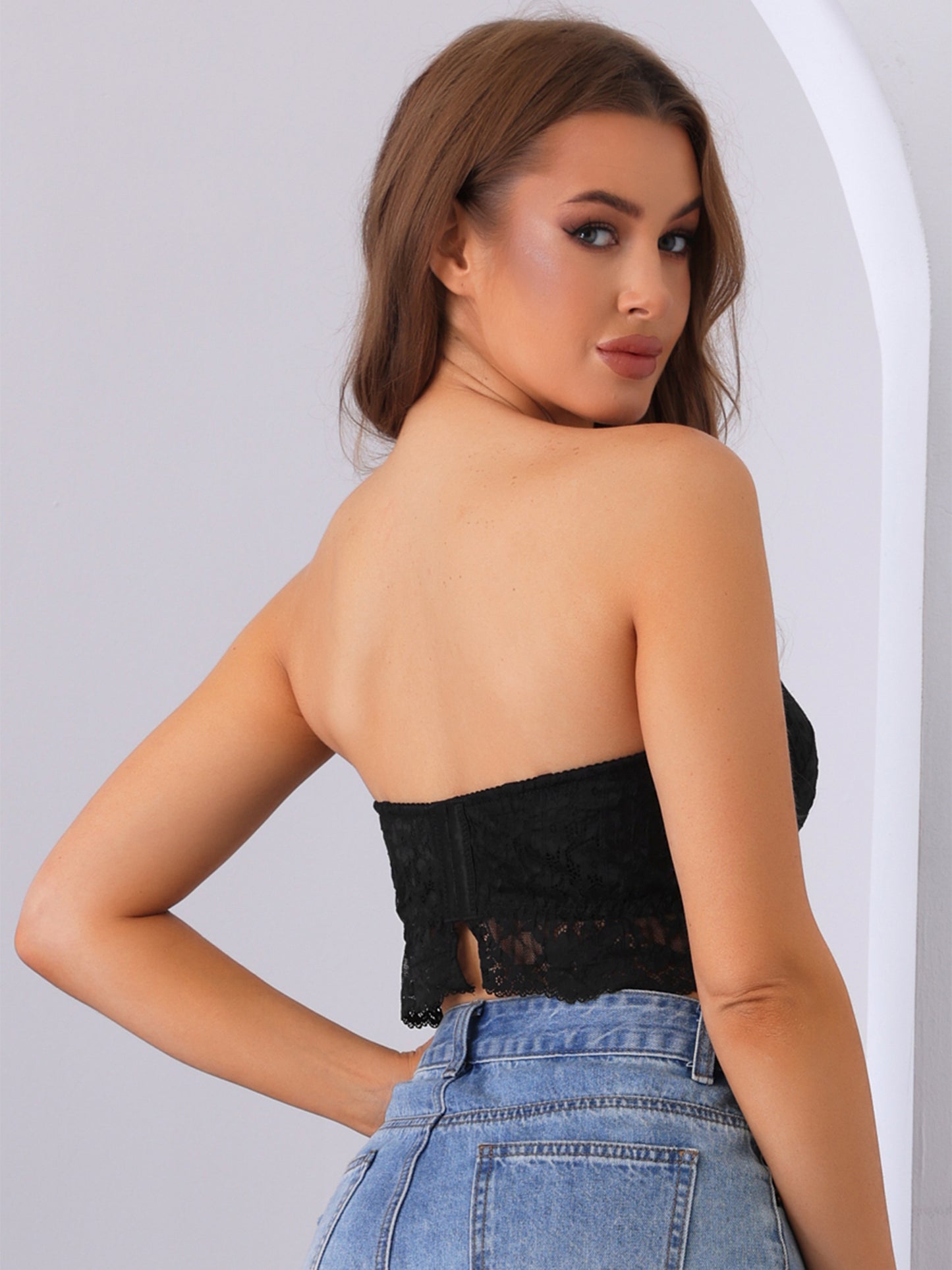 Women's Lace Full-Coverage Tube Bra Adjustable Double Straps Wirefree Bra