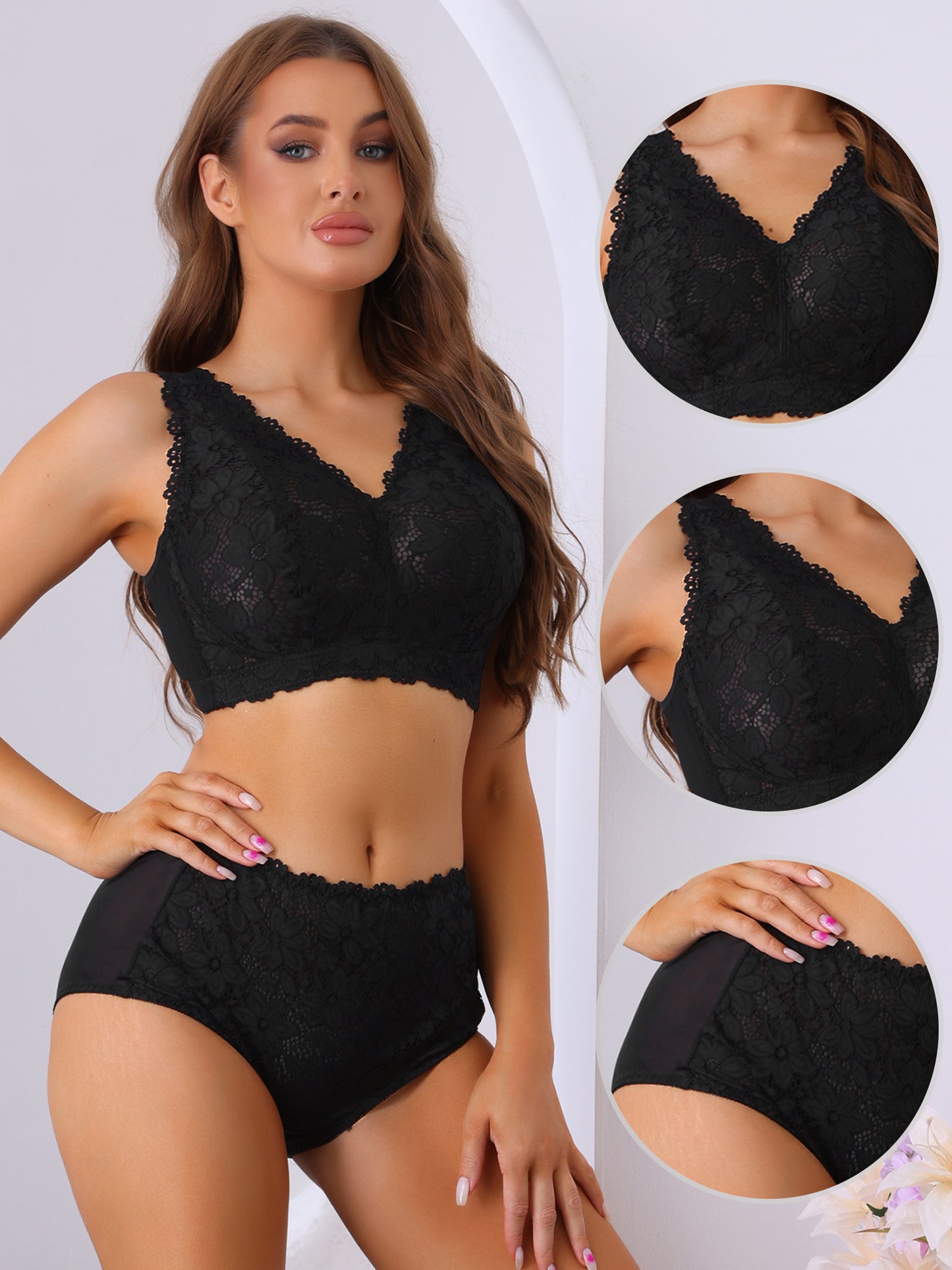 Women's Floral Lace Bra and Panty Sets Wire-free Full Coverage Bras Lingerie Set