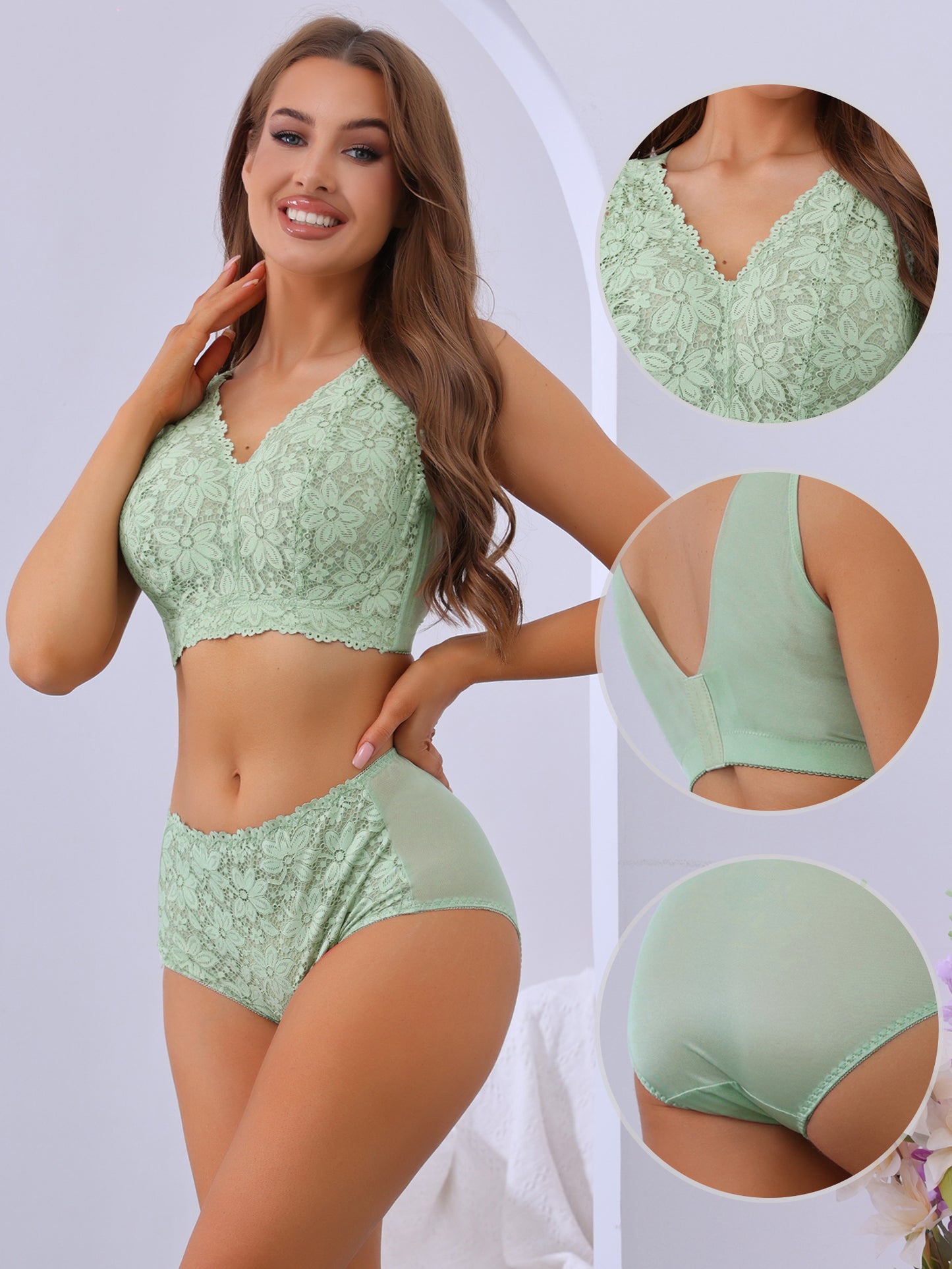 Women's Floral Lace Bra and Panty Sets Wire-free Full Coverage Bras Lingerie Set