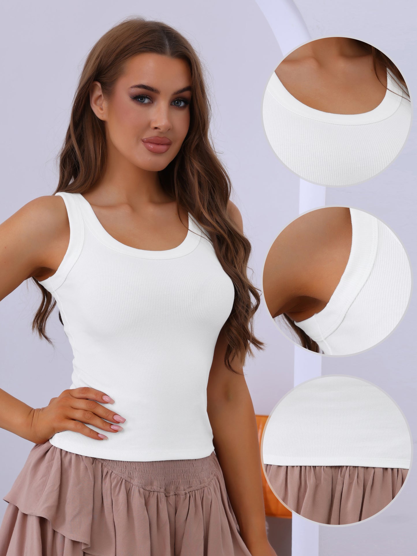Women's Ribbed Round Neck Vest Sleeveless Workout Basic Slim-Fit Tank Top