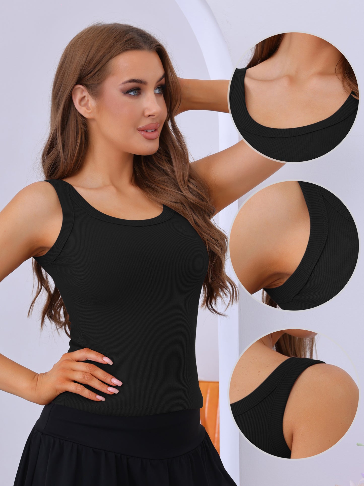 Women's Ribbed Round Neck Vest Sleeveless Workout Basic Slim-Fit Tank Top