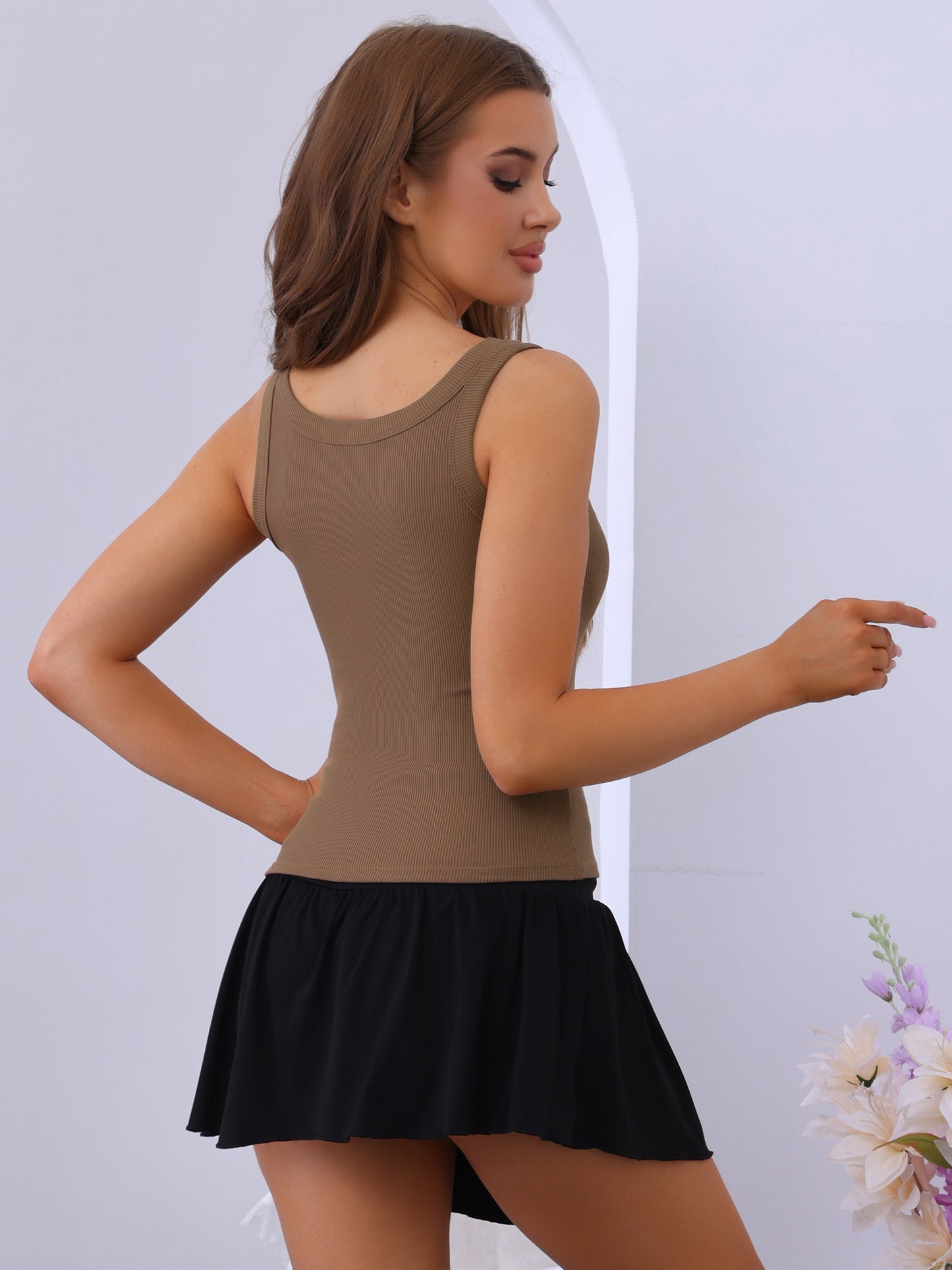 Women's Ribbed Round Neck Vest Sleeveless Workout Basic Slim-Fit Tank Top