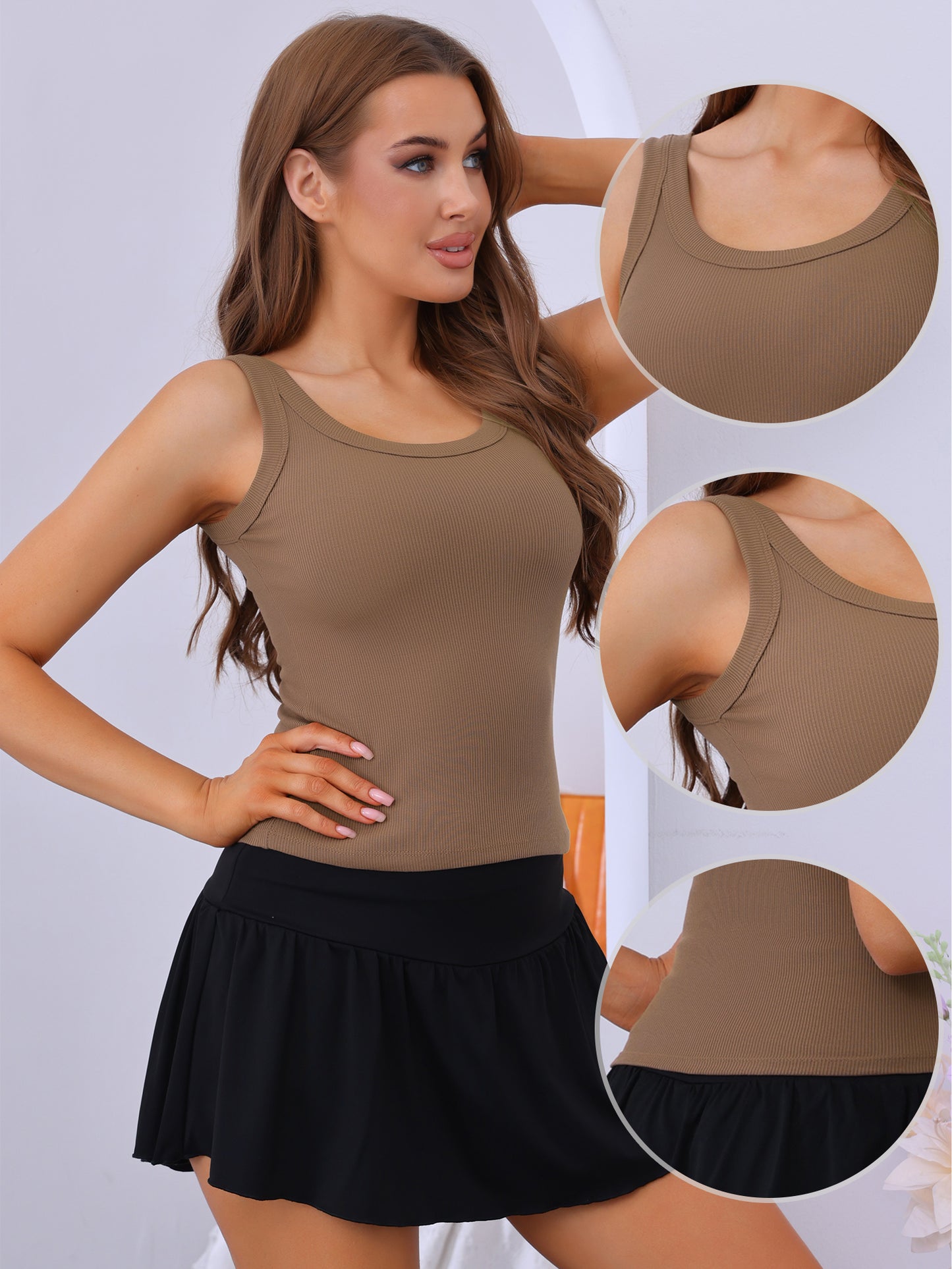 Women's Ribbed Round Neck Vest Sleeveless Workout Basic Slim-Fit Tank Top
