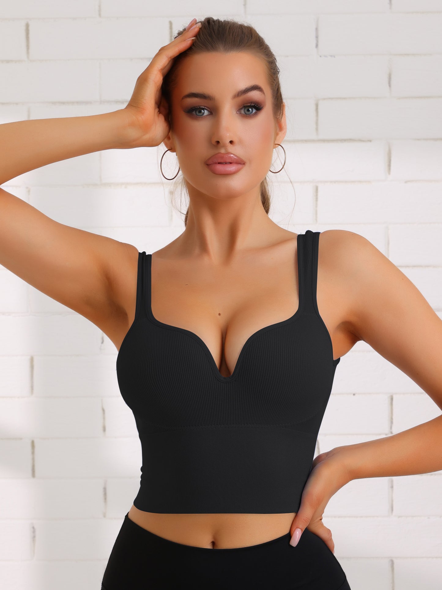 Women's Wire-Free Integrated Cup Sports Bra Camisole Push-Up Ribbed Longline Underwear