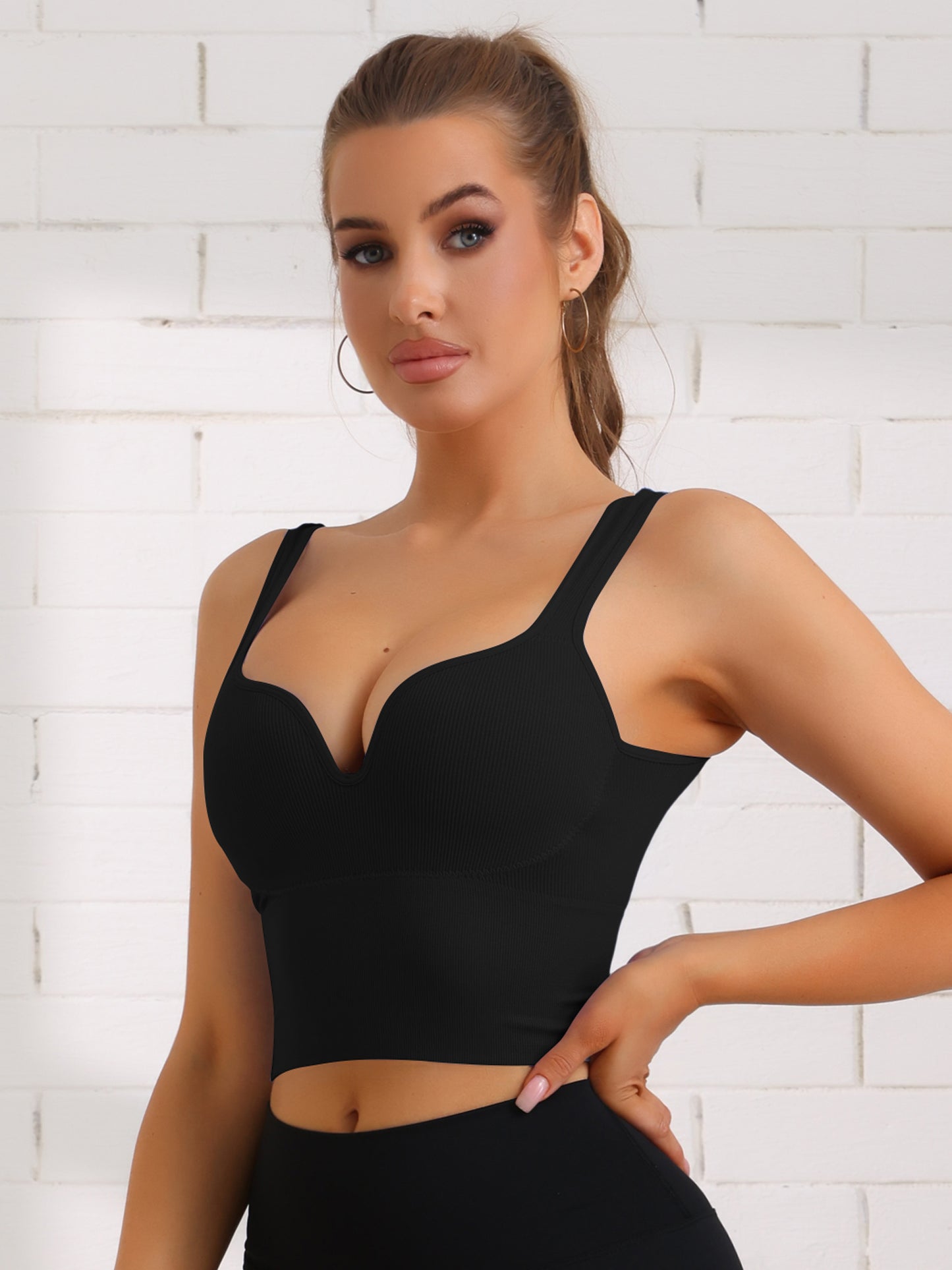 Women's Wire-Free Integrated Cup Sports Bra Camisole Push-Up Ribbed Longline Underwear