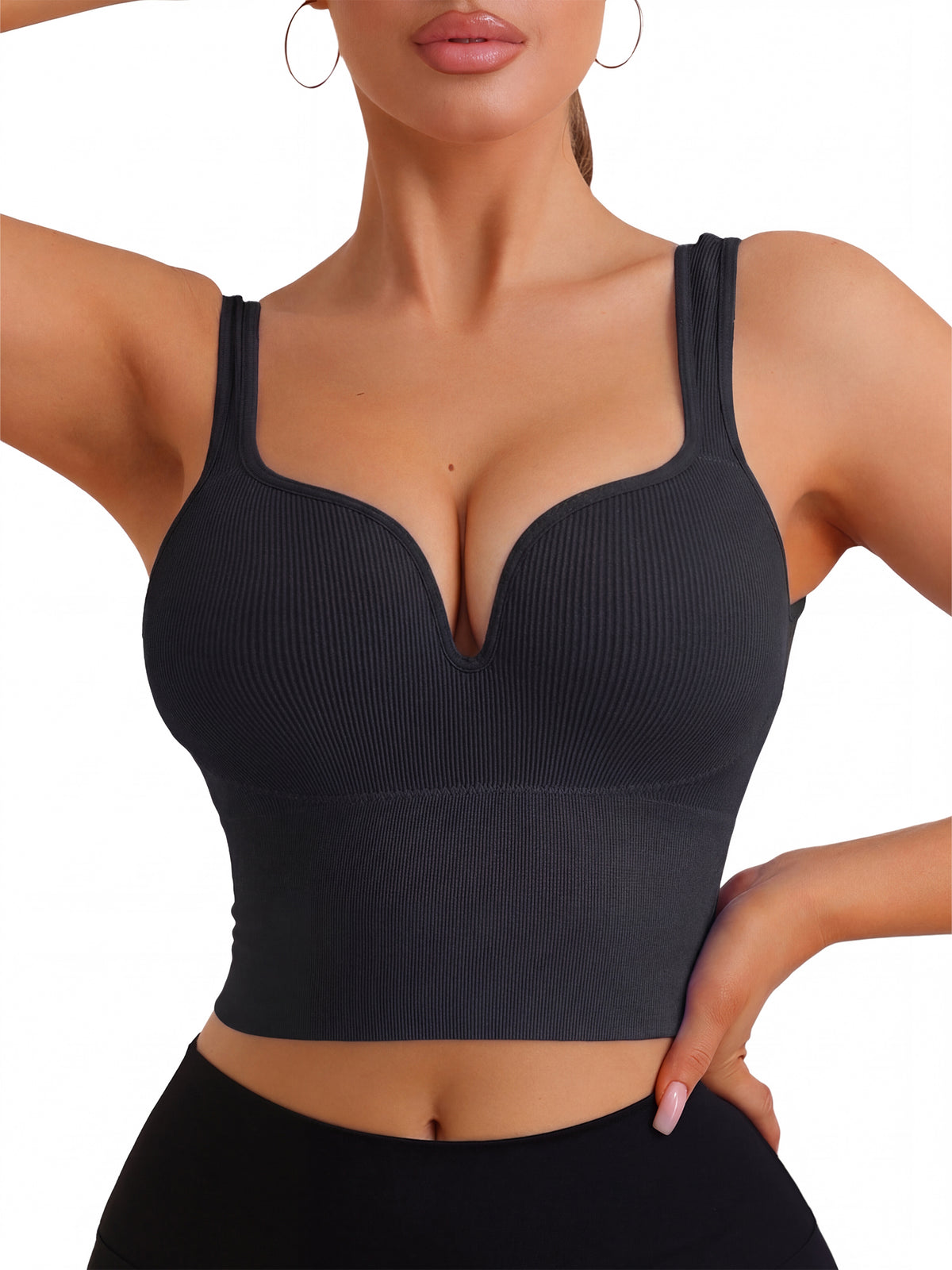 Women's Wire-Free Integrated Cup Sports Bra Camisole Push-Up Ribbed Longline Underwear
