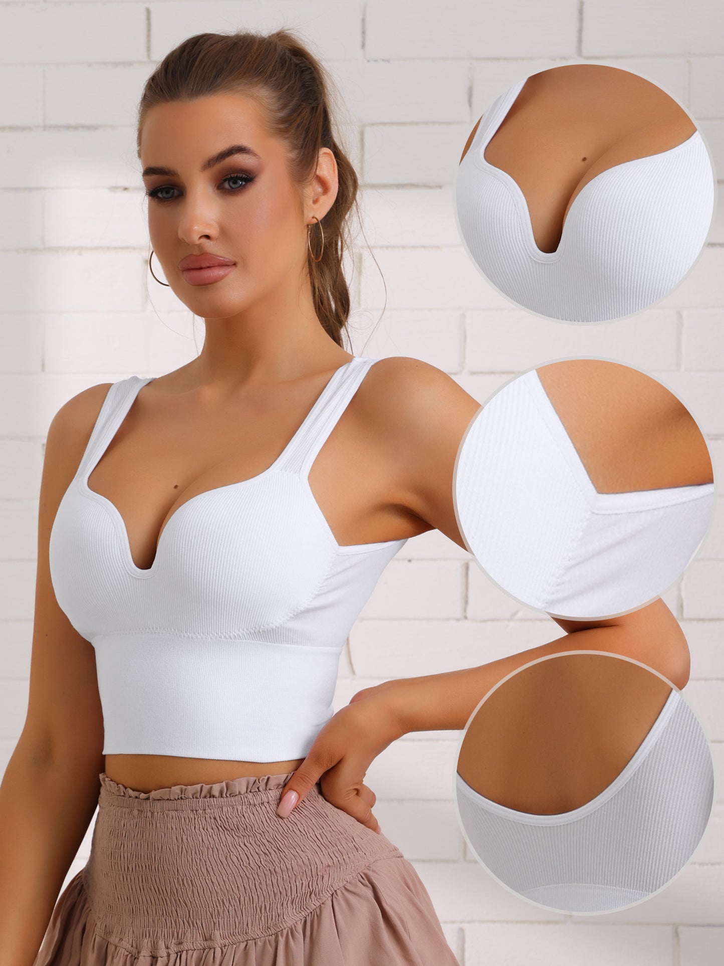 Women's Wire-Free Integrated Cup Sports Bra Camisole Push-Up Ribbed Longline Underwear