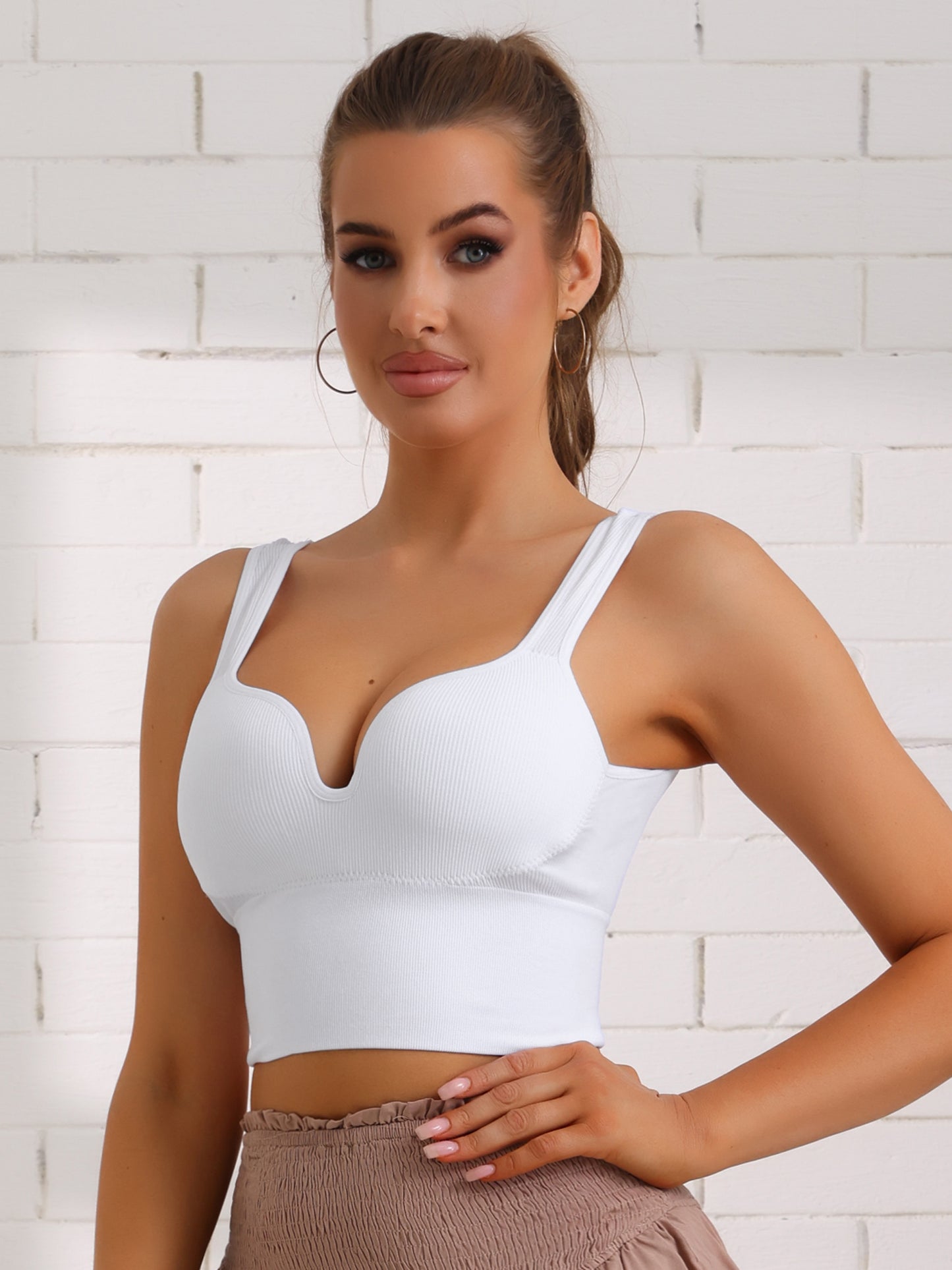 Women's Wire-Free Integrated Cup Sports Bra Camisole Push-Up Ribbed Longline Underwear