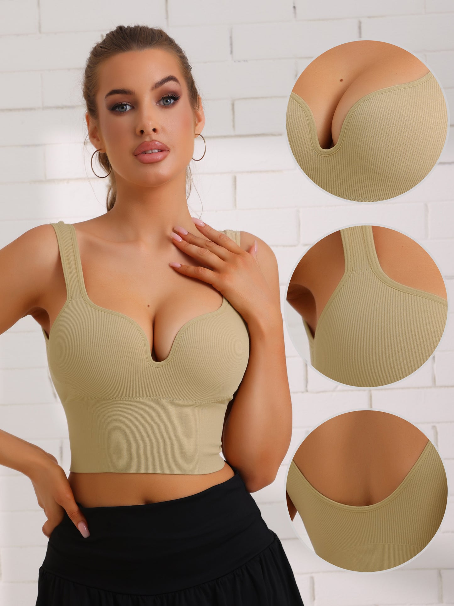 Women's Wire-Free Integrated Cup Sports Bra Camisole Push-Up Ribbed Longline Underwear