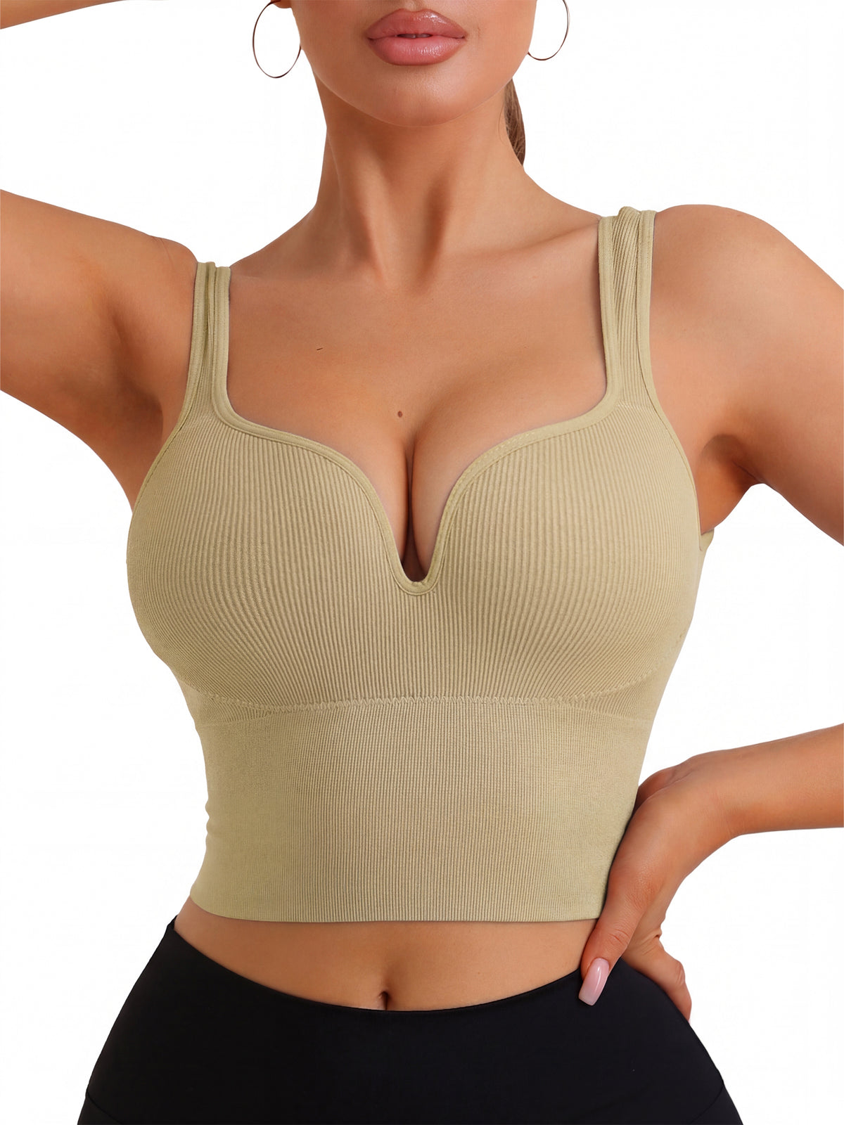 Women's Wire-Free Integrated Cup Sports Bra Camisole Push-Up Ribbed Longline Underwear