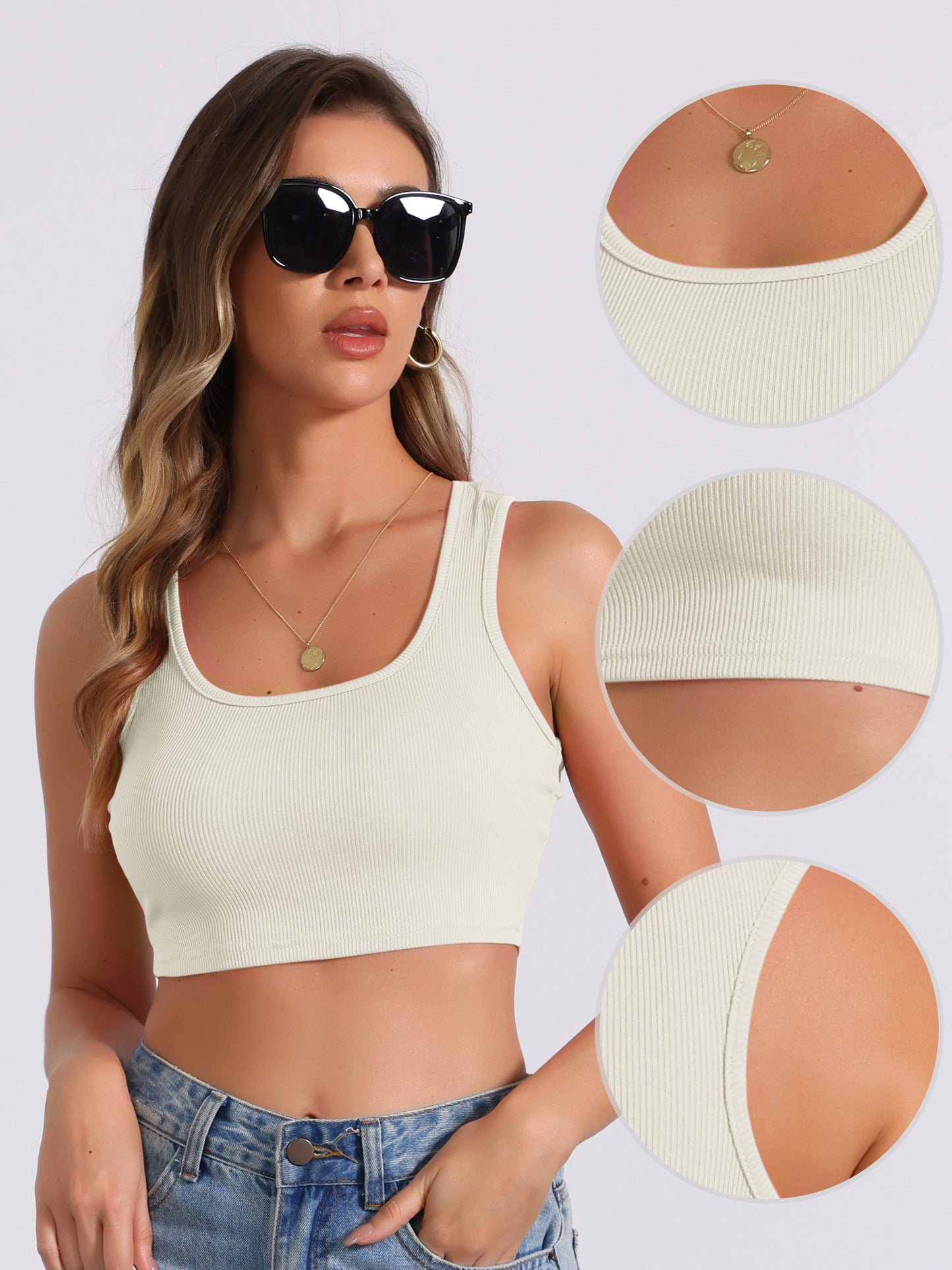 Women's Ribbed Square Neck Vest Tapered Shoulder Sleeveless Workout Tank Top