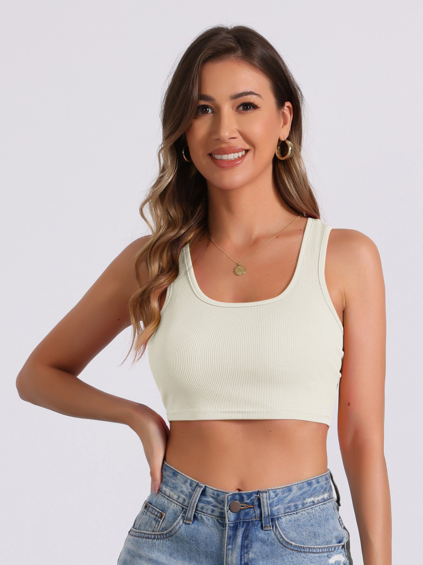 Women's Ribbed Square Neck Vest Tapered Shoulder Sleeveless Workout Tank Top