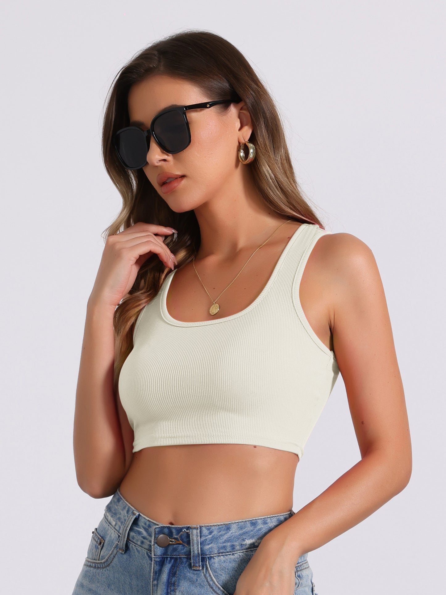 Women's Ribbed Square Neck Vest Tapered Shoulder Sleeveless Workout Tank Top